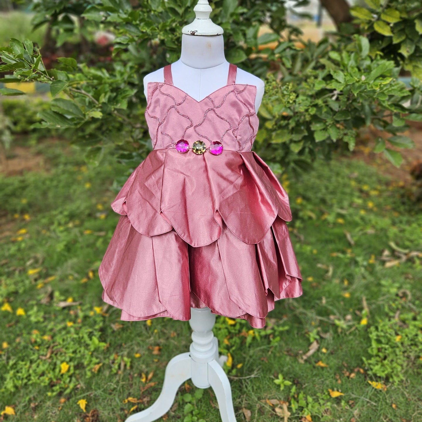 LS-0174 - Mauve Pink Satin Petal Layered Frock
