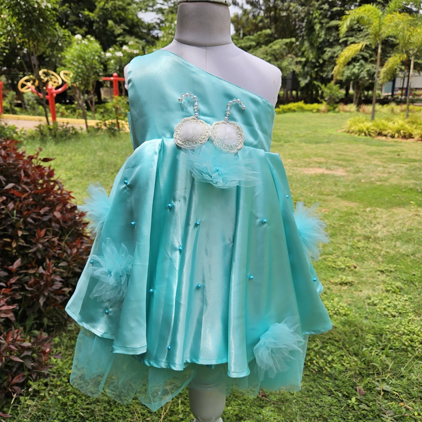 LS-0129 - Aqua Blue One-Shoulder Frock