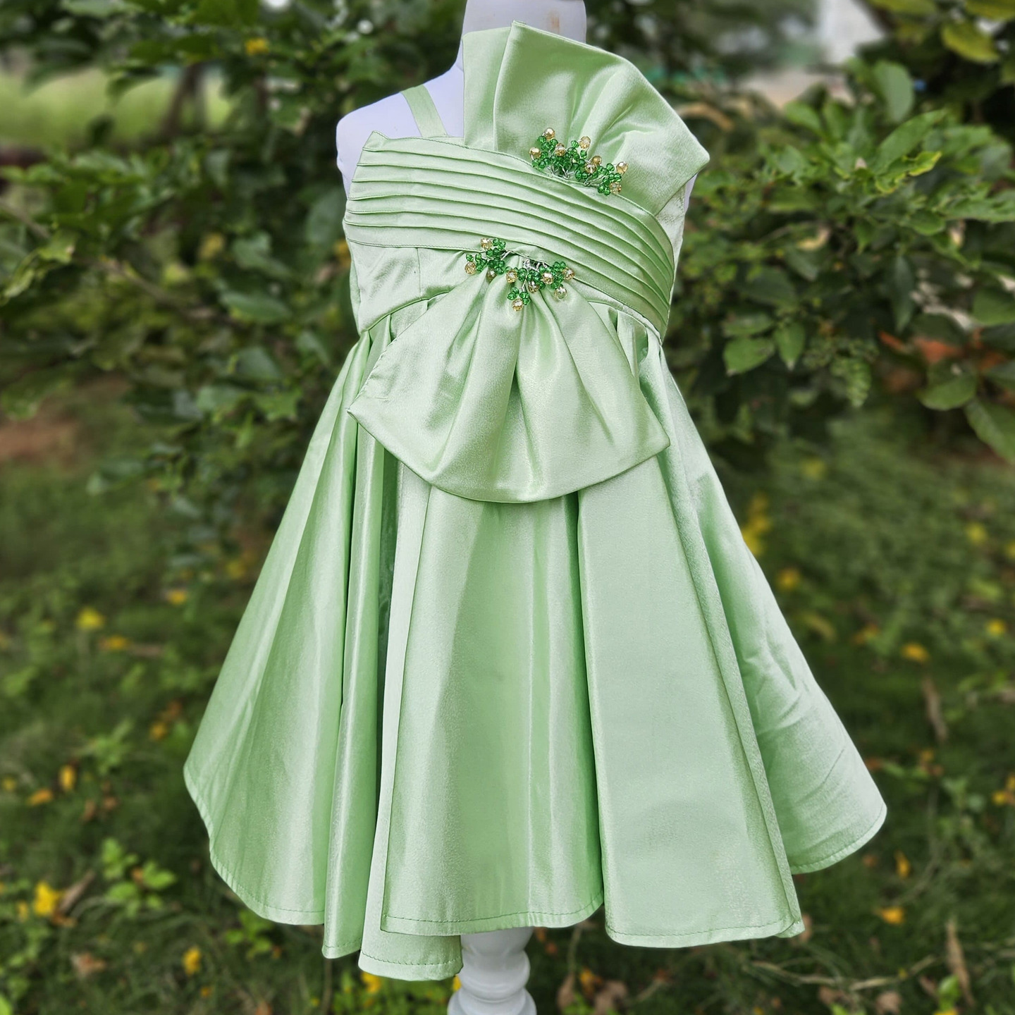 LS-0179 - Light Green Satin Bow-Pleated Frock