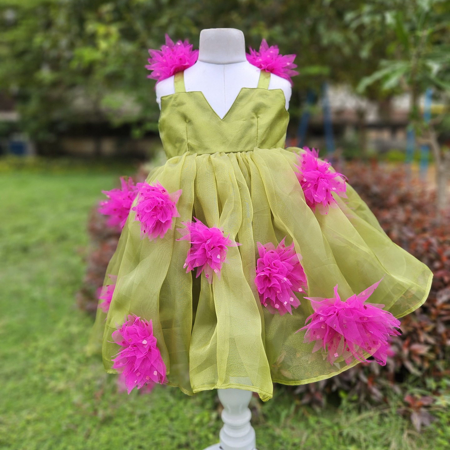 LS-0158 - Olive Green Organza Frock