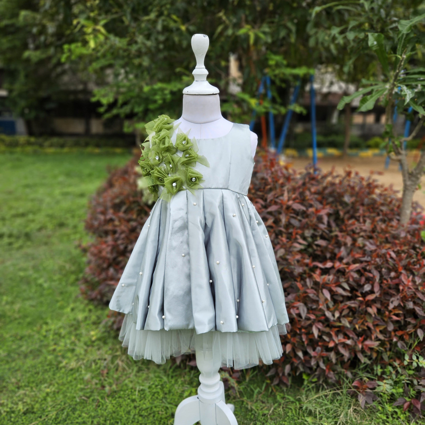 LS-0155 - Light Pastel Metallic Green Satin Frock