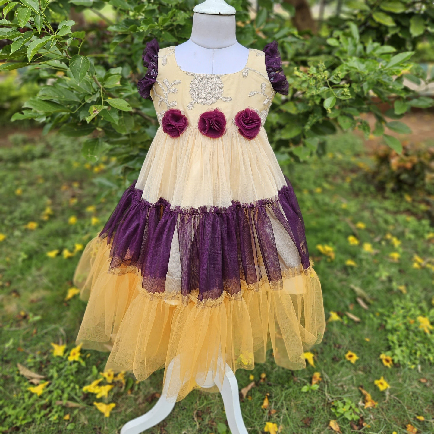 LS-0149 - Purple & Yellow-Cream Three-Tiered Frock