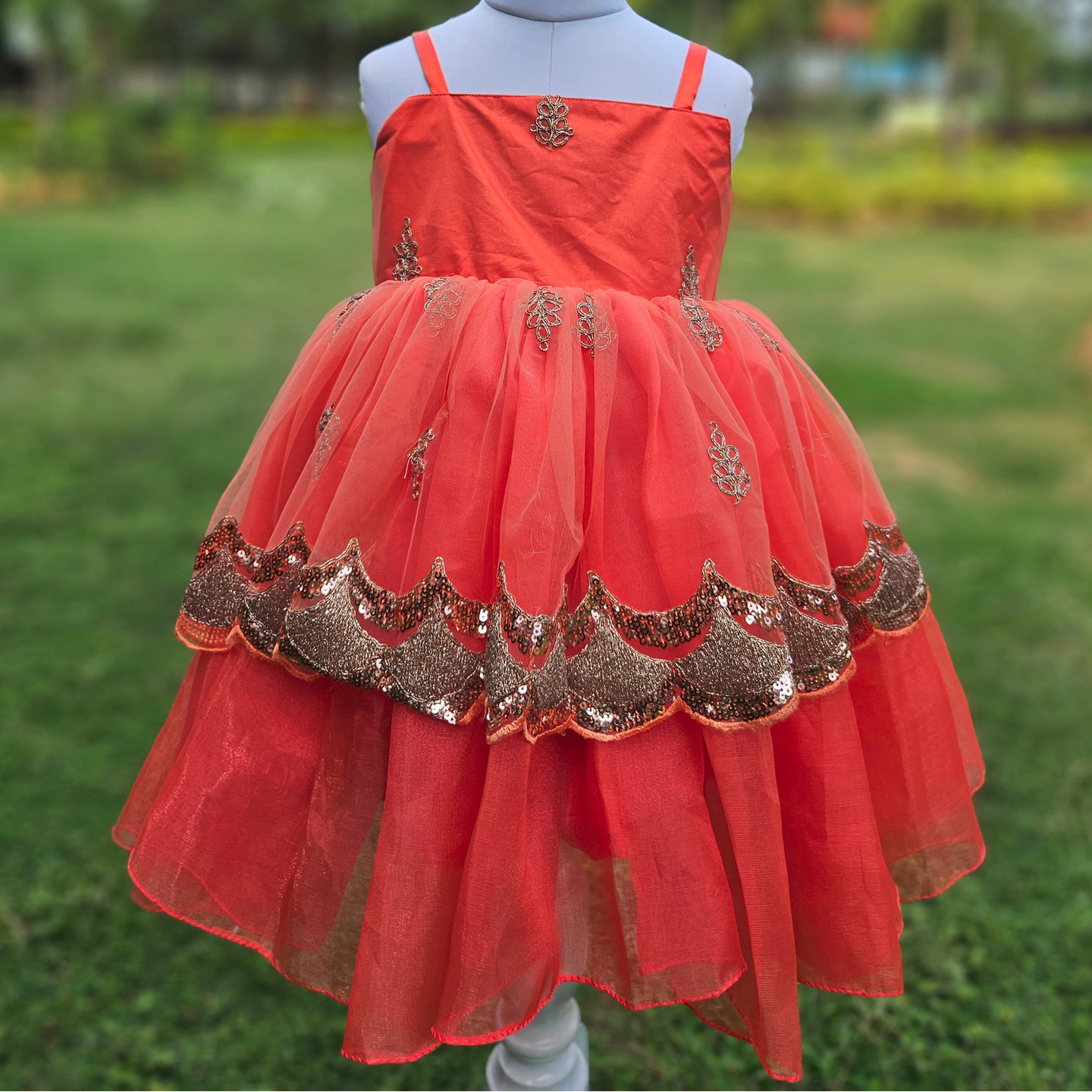 LS-0169 - Peach Orange Embroidered Net Frock