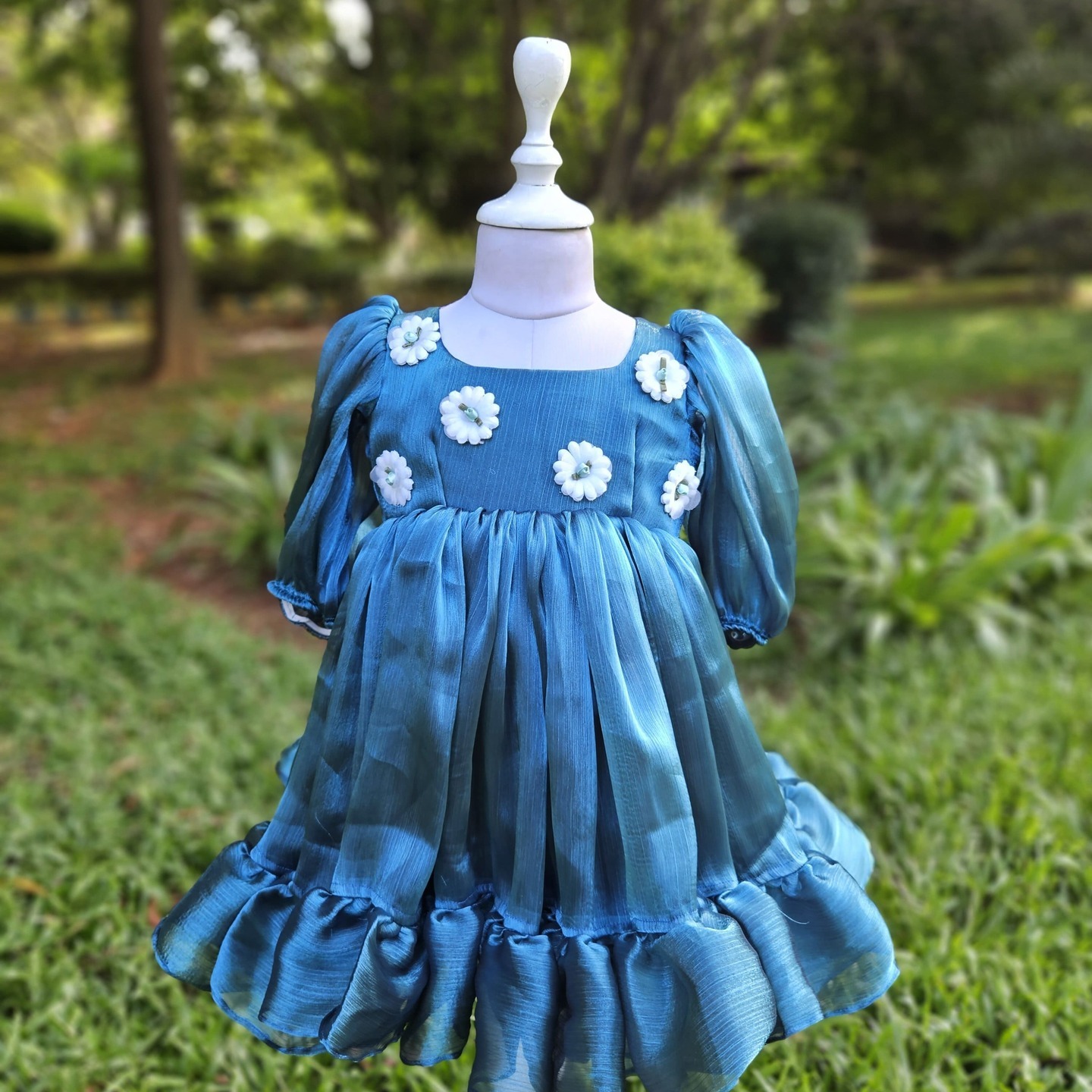 LS-0122 - Turquoise Blue Satin Organza Frock
