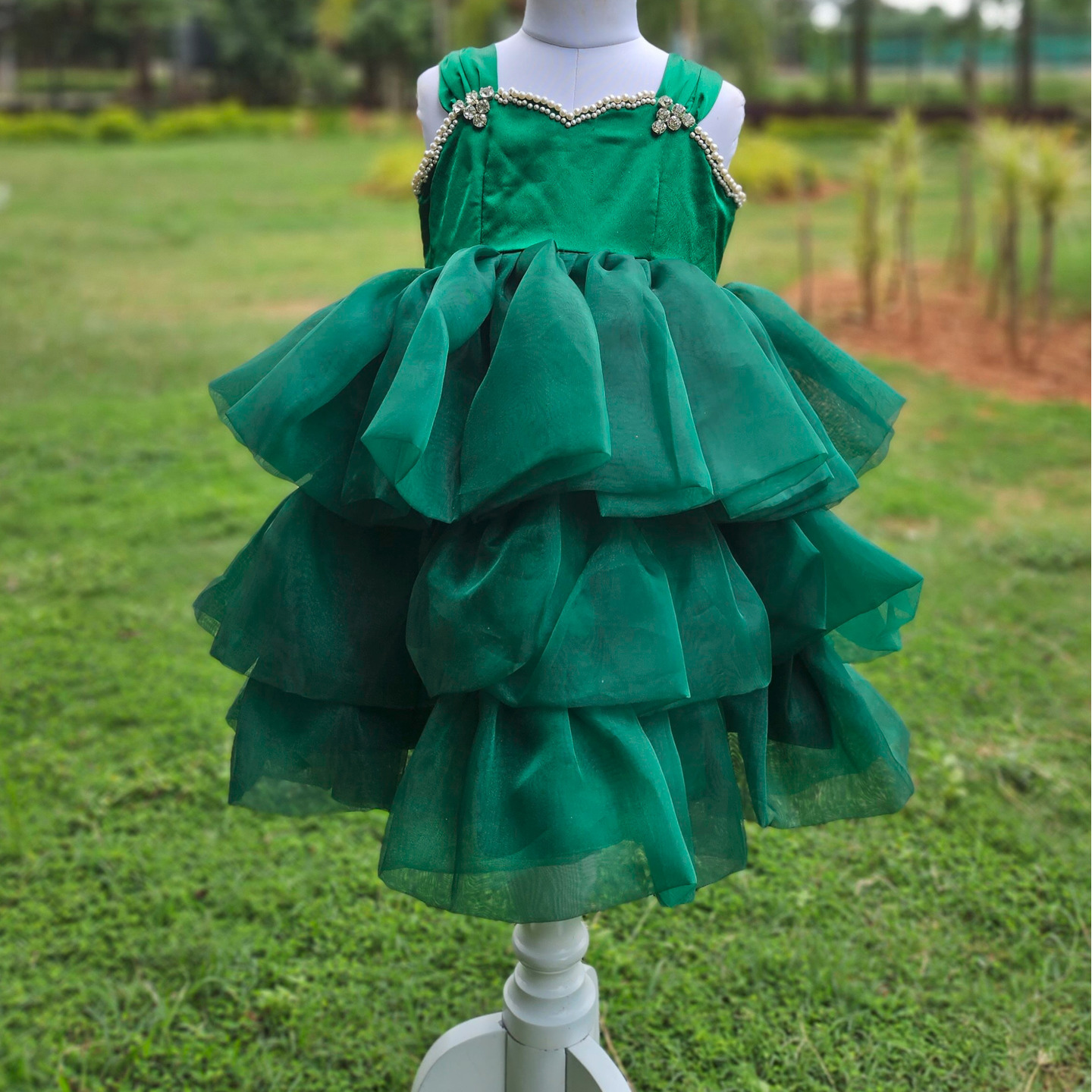 LS-0181 - Forest Green Satin Organza Frock