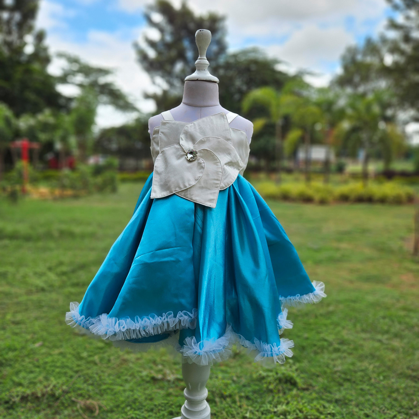LS-0140 - White & Blue Satin Flower Frock