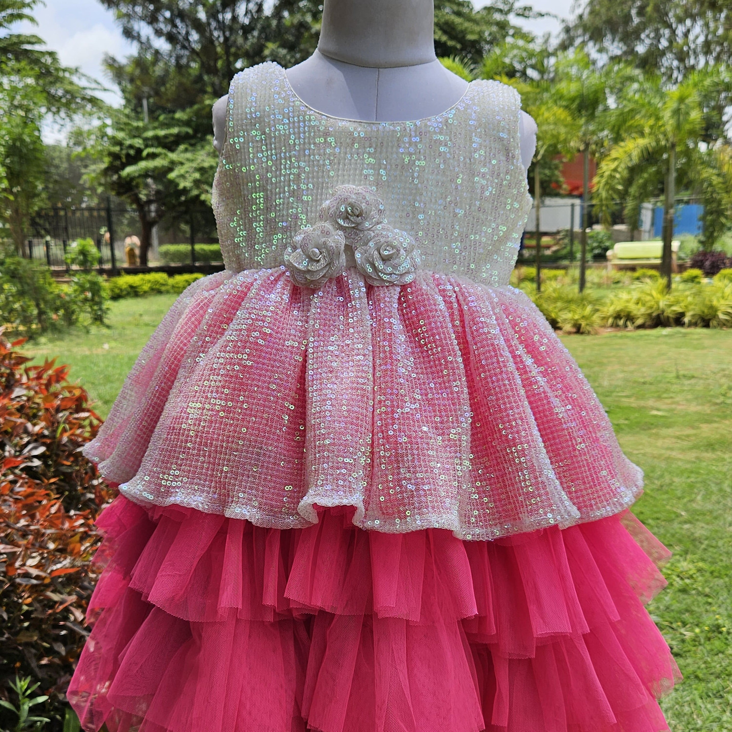LS-0165 - White And Pink Sequin Frock