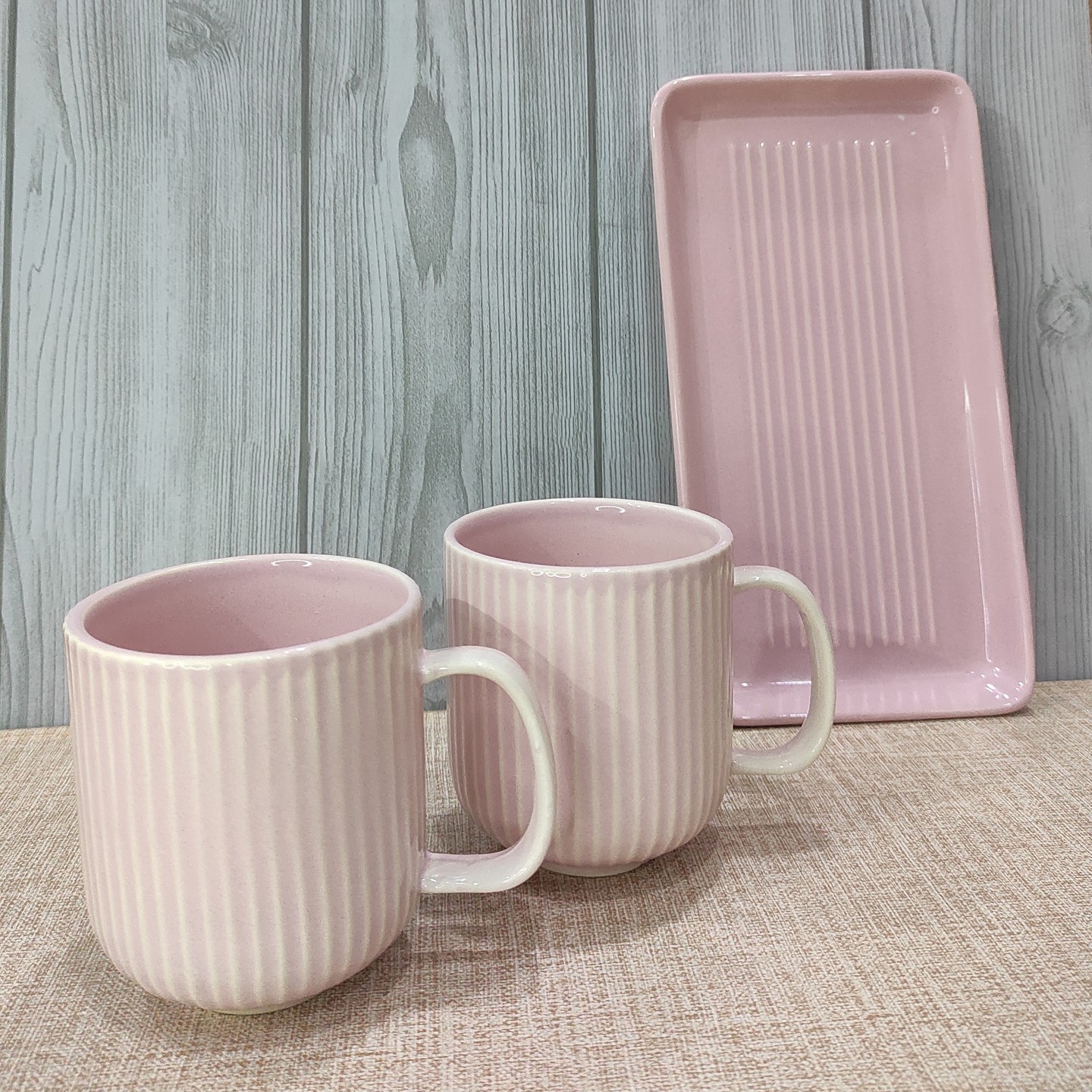Prettify!™ Handcrafted Pink Blossom Tea & Coffee Ceramic Mugs Pair with Tray (Set of 3)