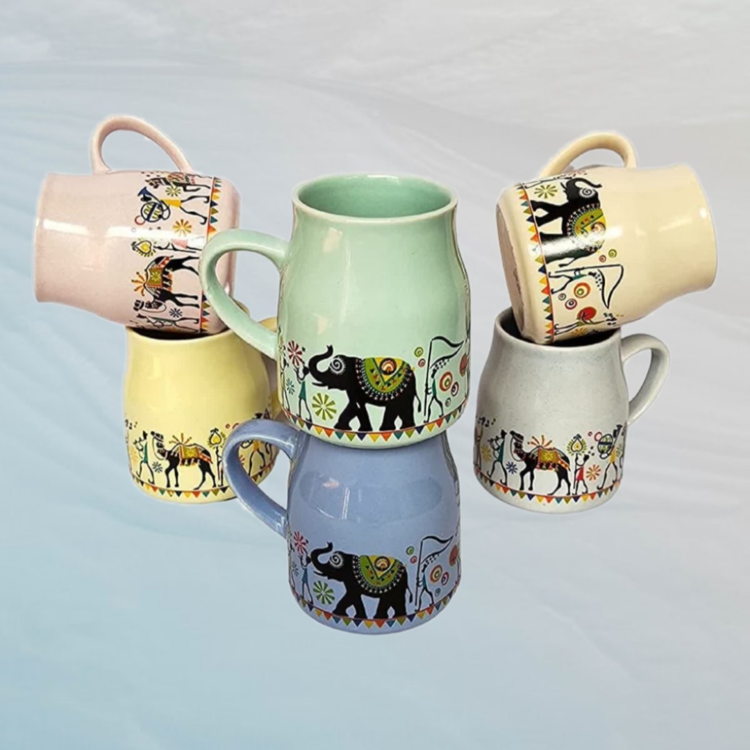 Prettify Cane Styled Elephant Design Tea Cups Set of 6