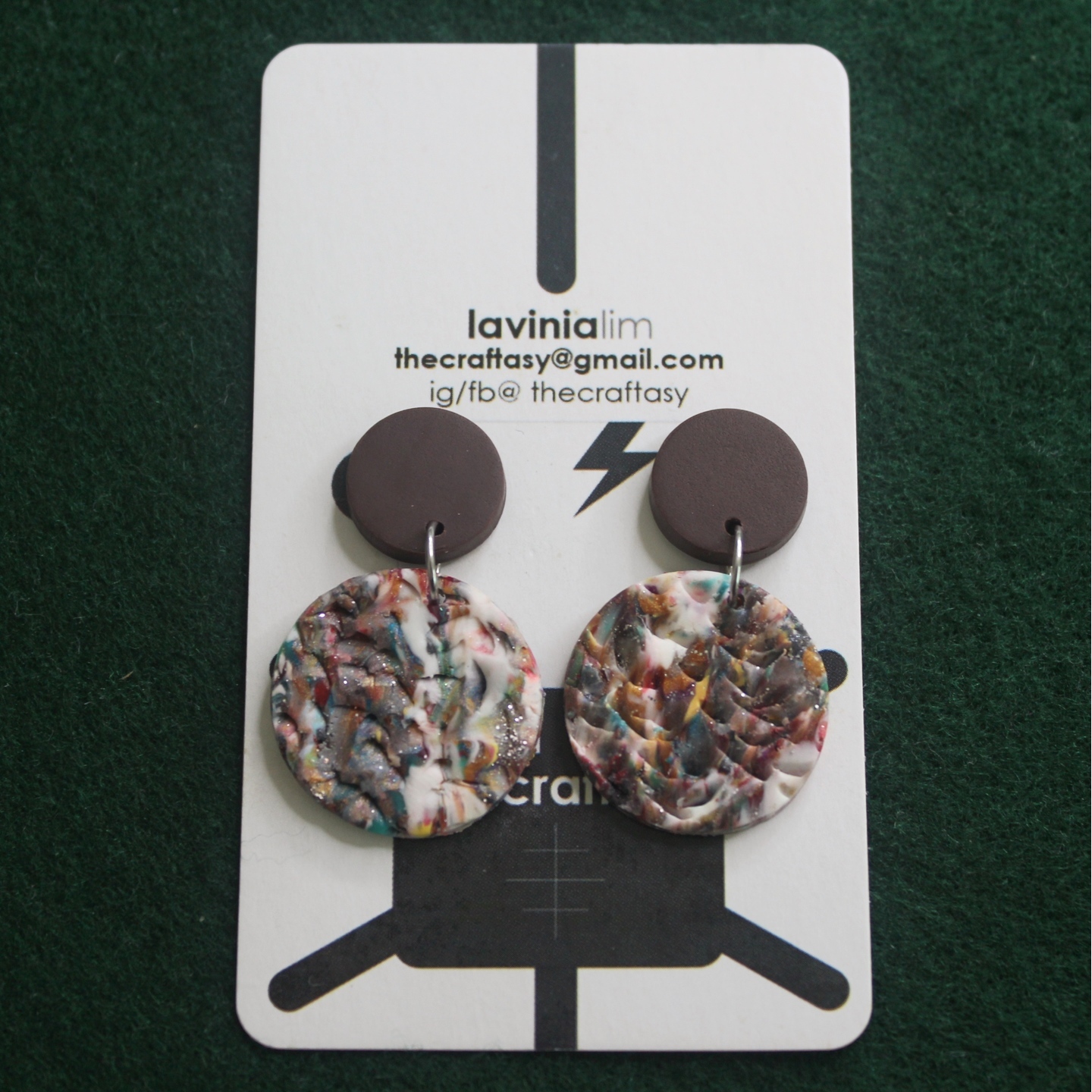 Polymerclay Earrings - Marbling Round Stud Semi-Medium Brown Textured