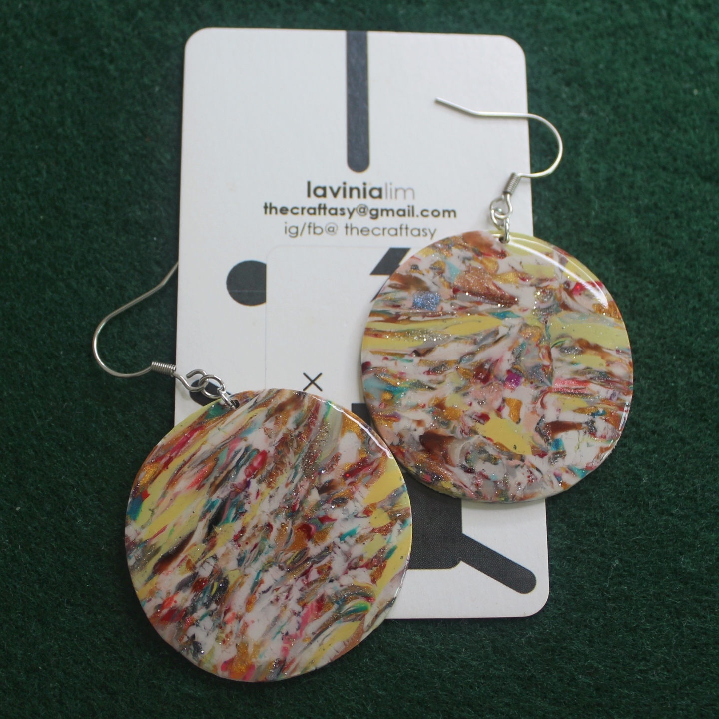 Polymerclay Earrings - Marbling Round Dangle Large Resin