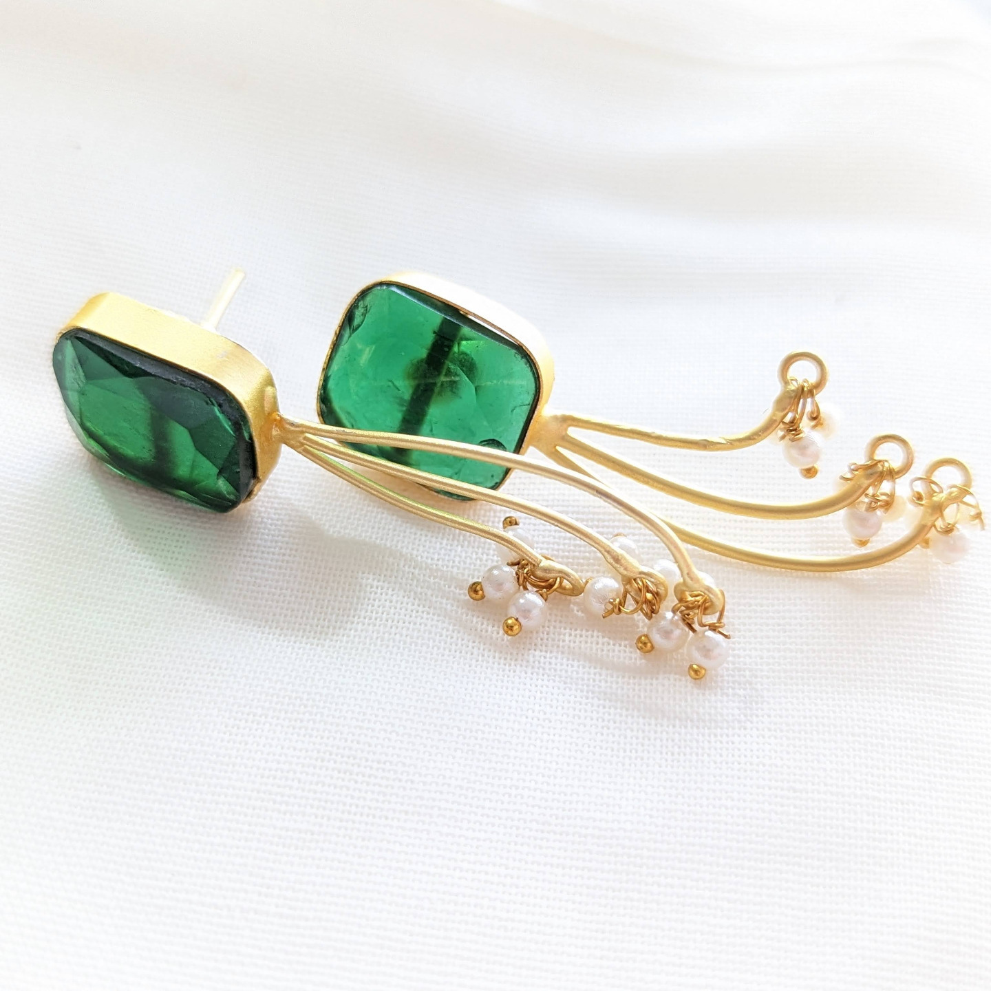 Green Stone Fused Pearl Brass Earring
