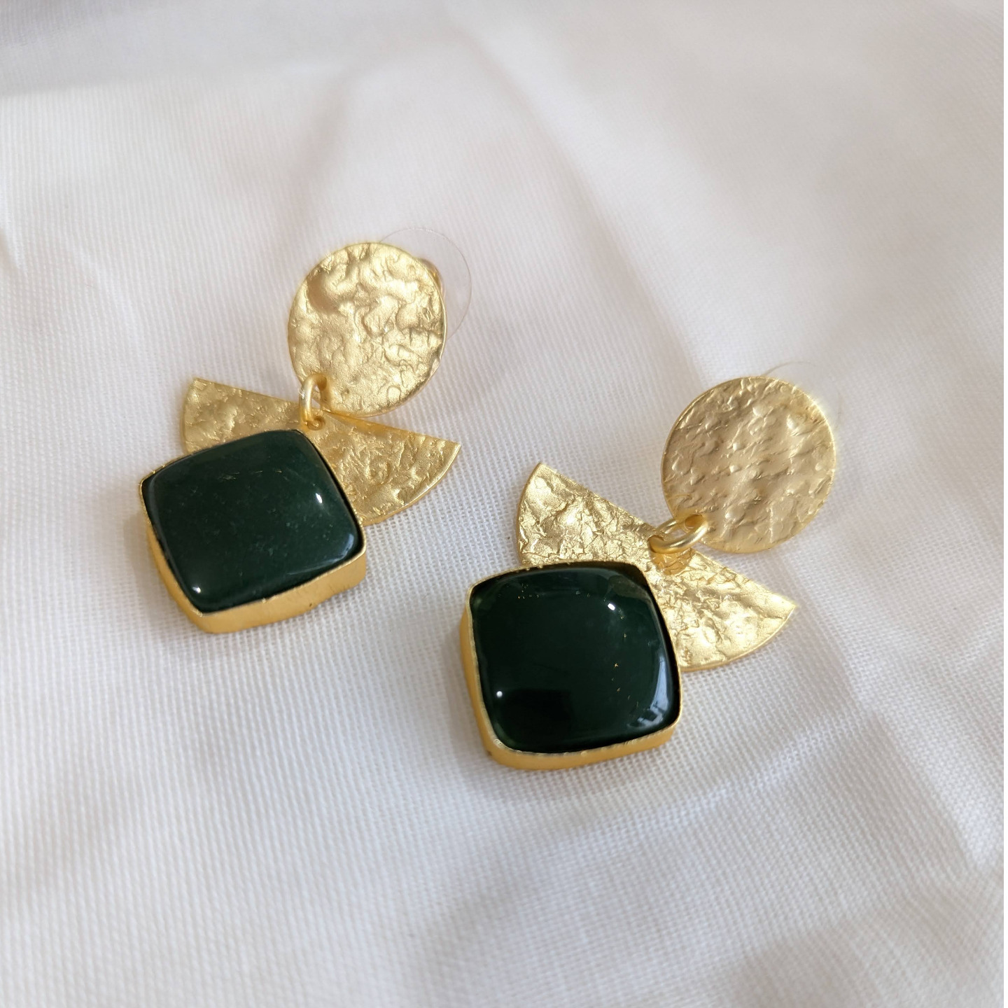 Emerald Green Boat Artwork Brass Earring