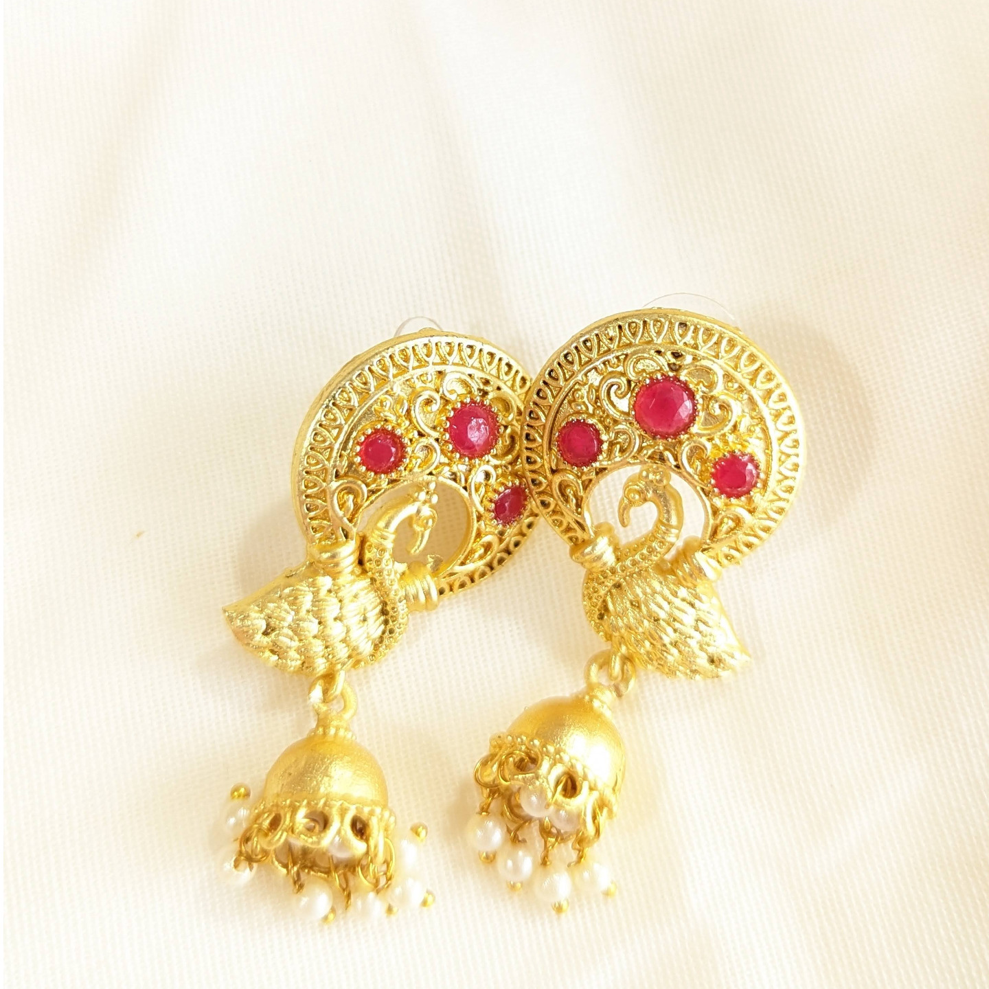 Golden Peacock Redstone Brass Earring