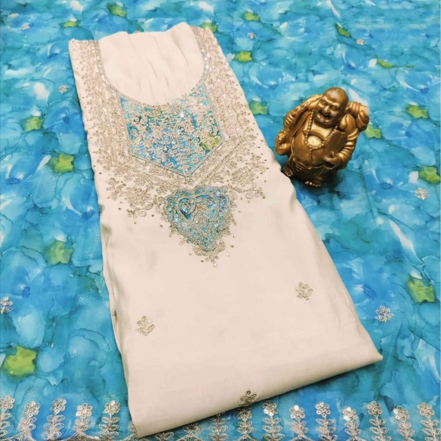 Muslin White with Printed Organza Dupatta - Blue
