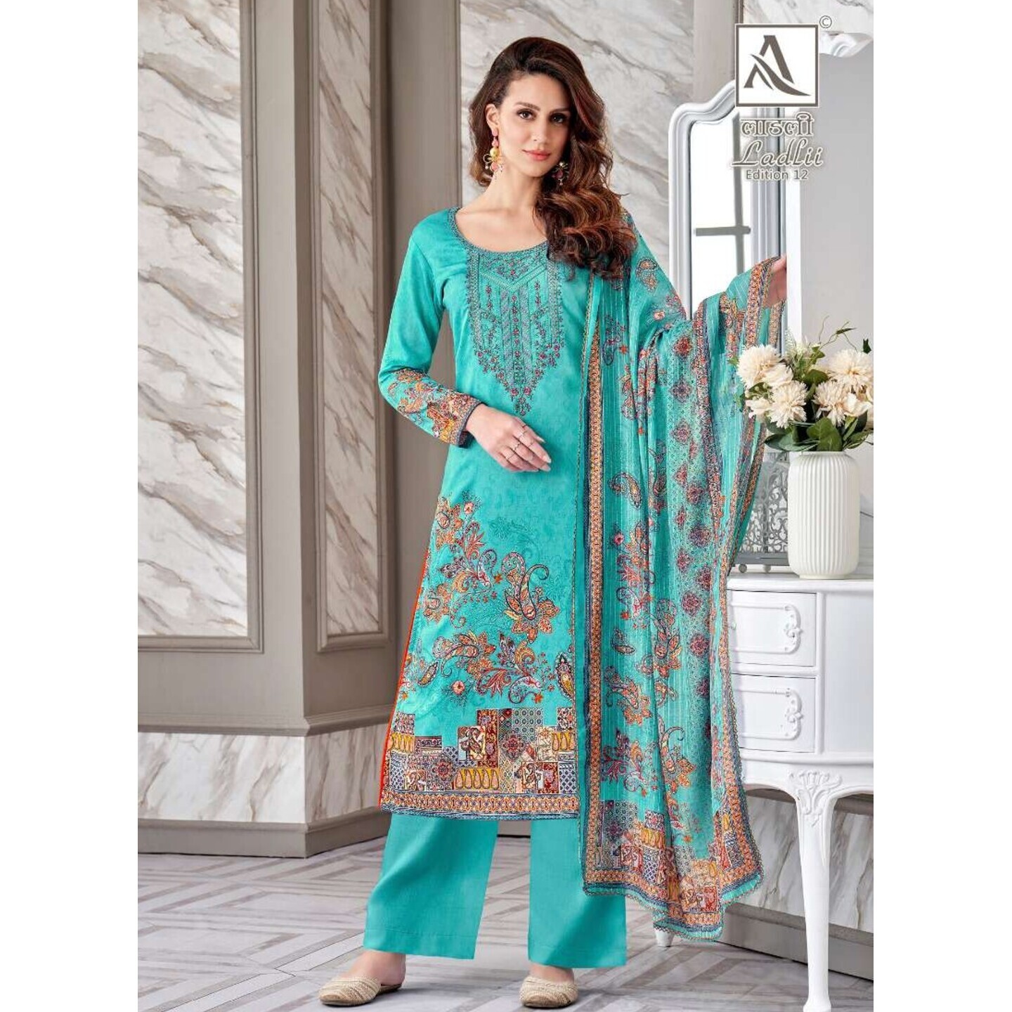 Ladli - Zam Cotton Elegant Suit - Sea Blue
