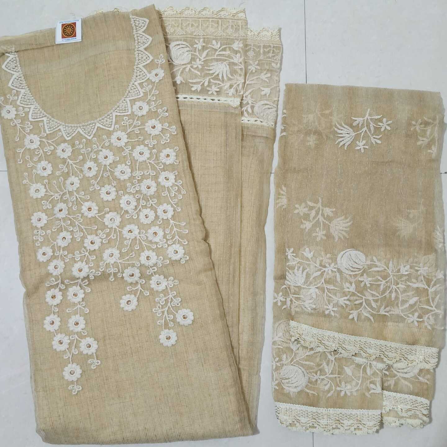 Jute Kota Golden - White Moti Work Suit