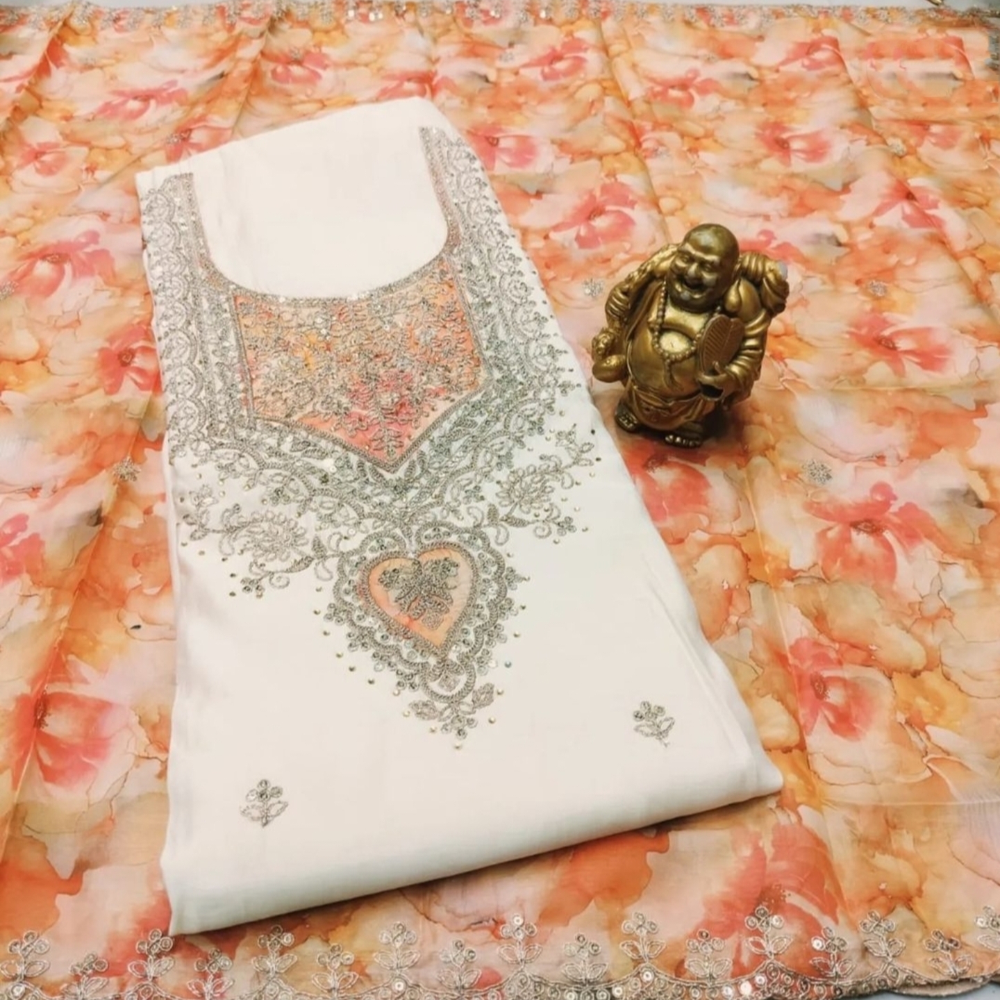 Muslin white with Printed Organza Dupatta - Orange