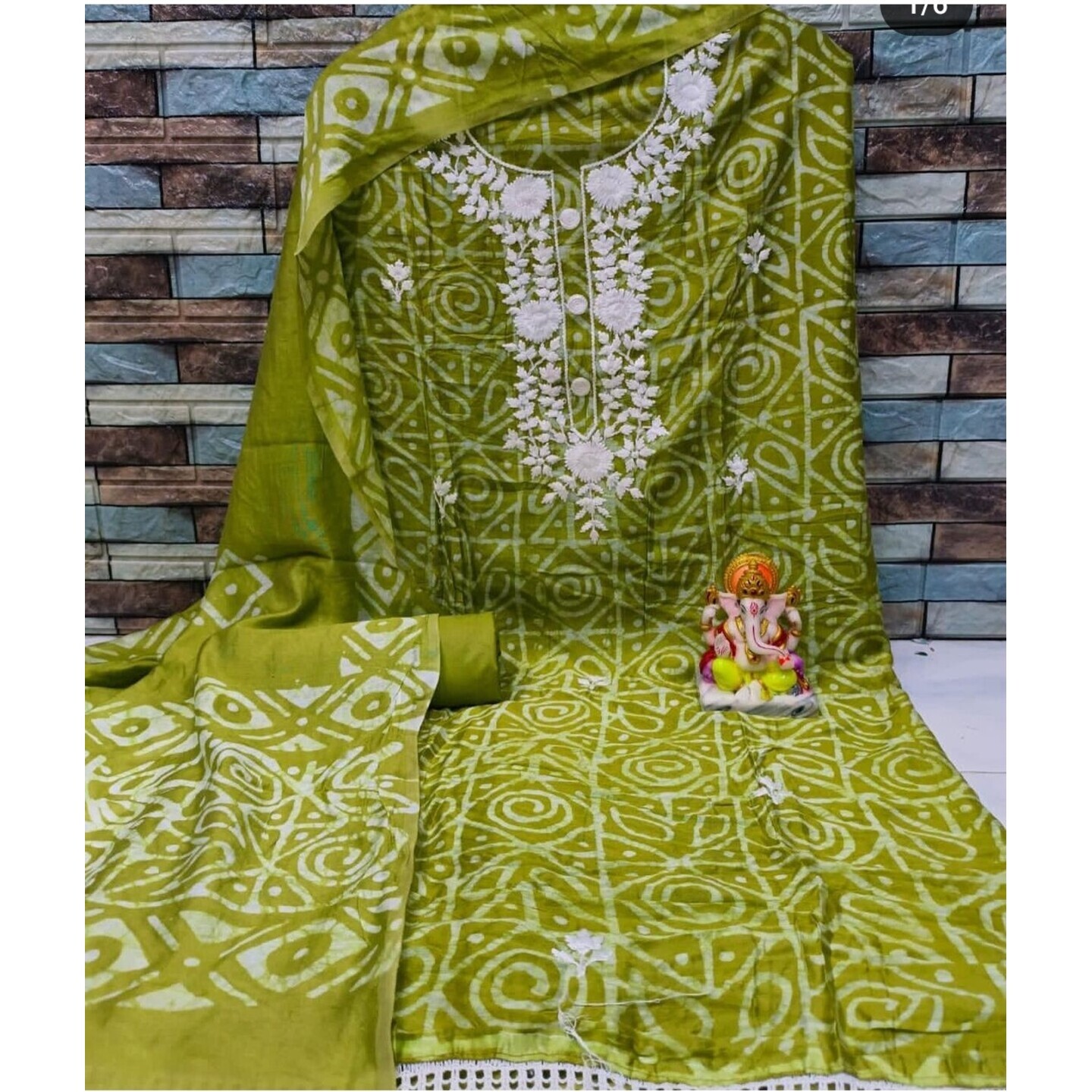  Modal Suit Batik with Print and Lucknowi Neck - Mehandi Green