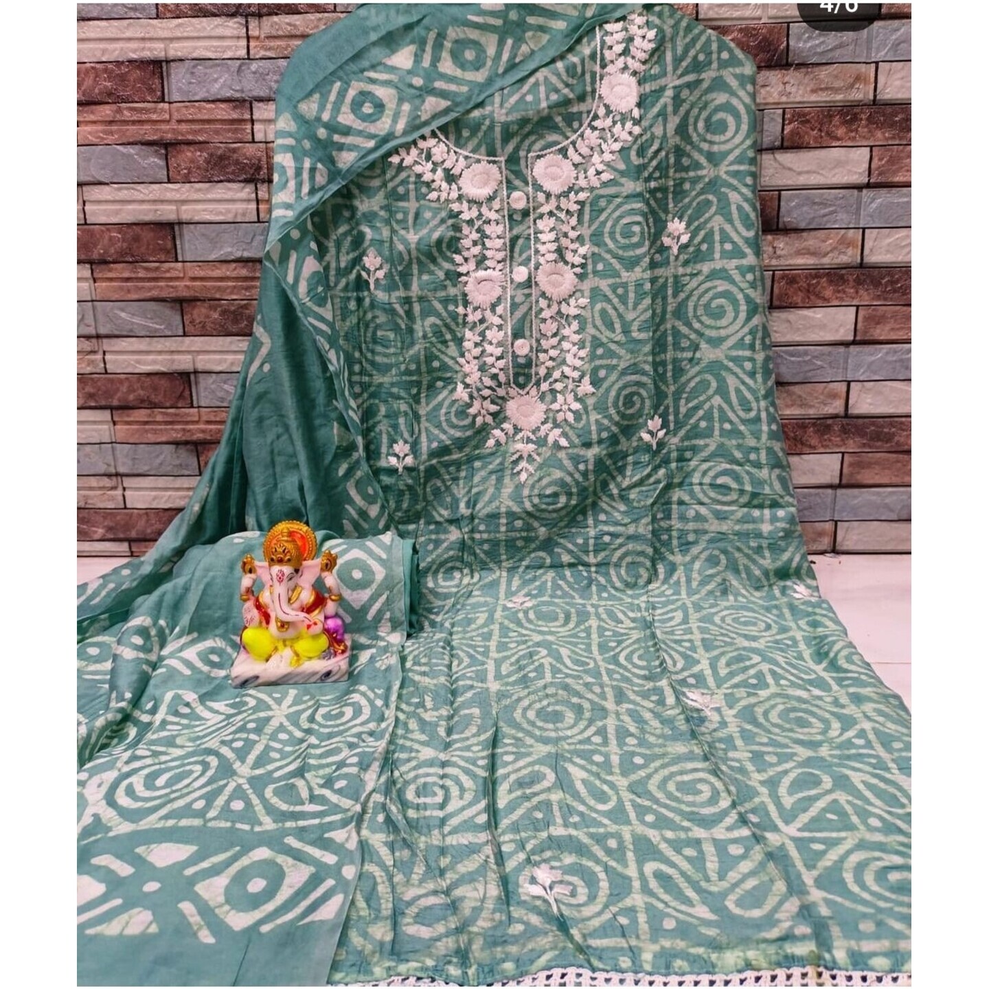 Modal Suit with Batik Print and Lucknowi Neck Work - Sea Green
