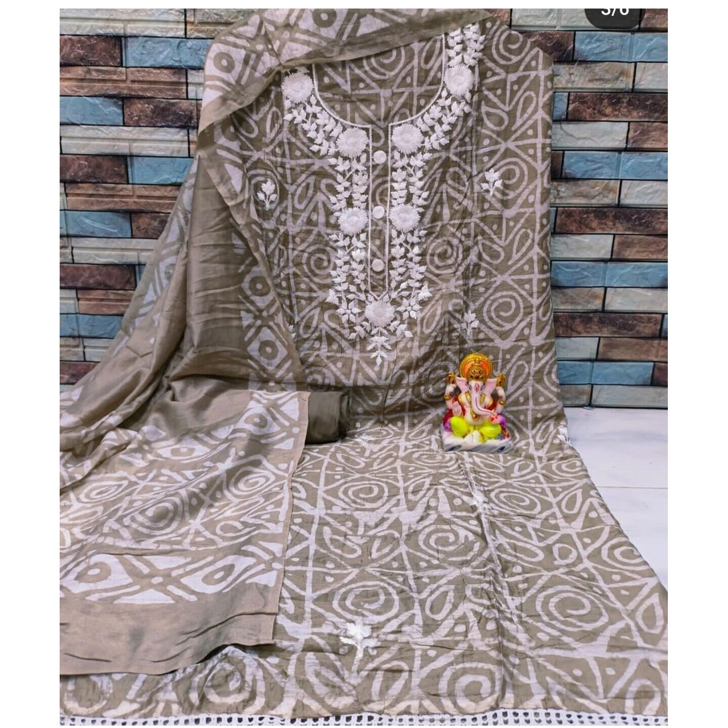 Modal Suit with Batik Print and Lucknowi Neck Work - Ash Grey