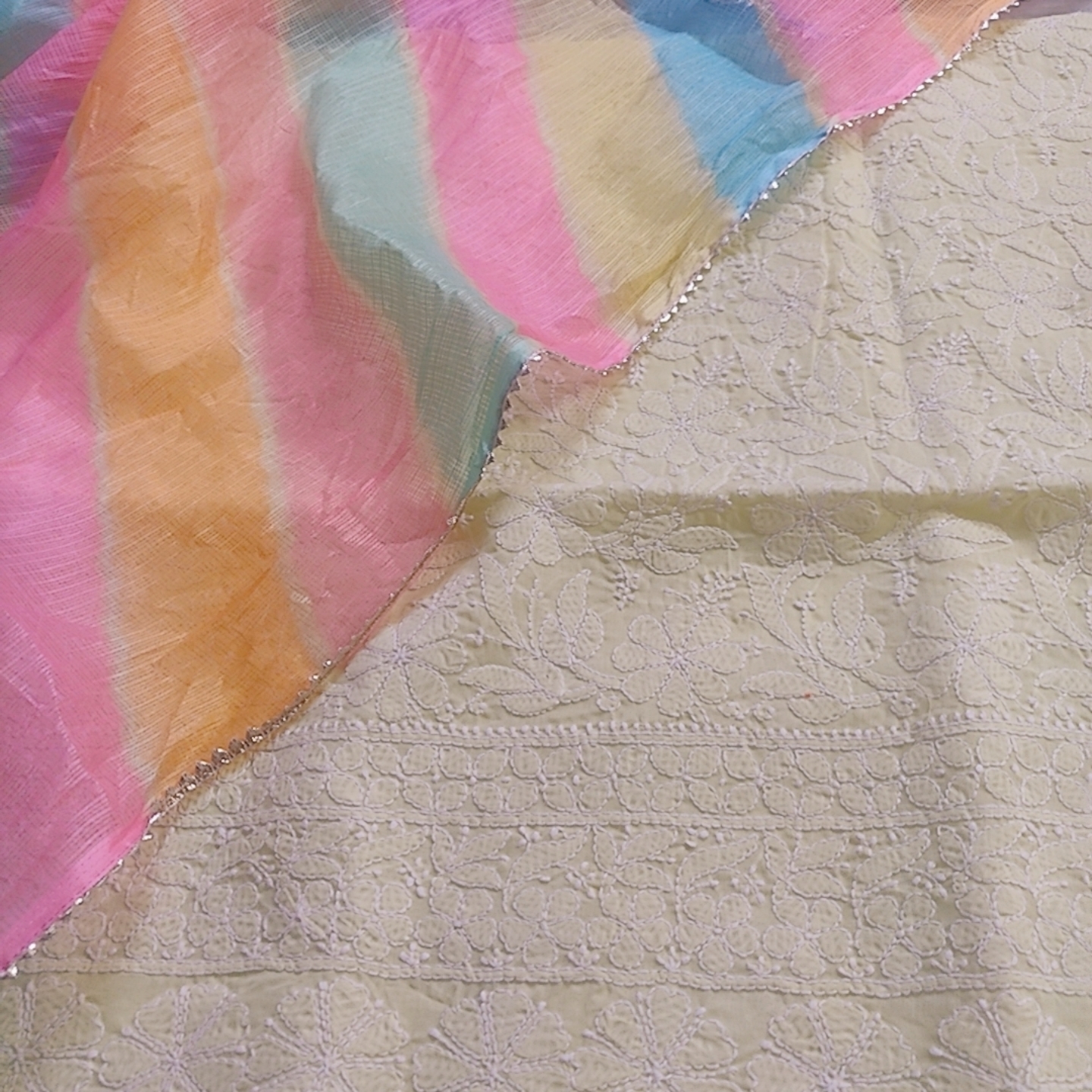 Pure Cotton Luckhnowi kurta with Kota Satrangi Dupatta