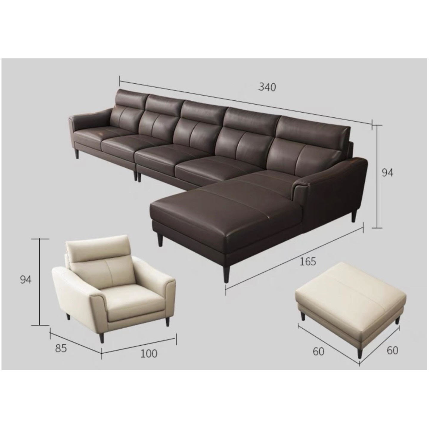 Nappa Premium Italian Sofa Contact Leather - Four + Concubine Seat + Single Seater + Leg Rest