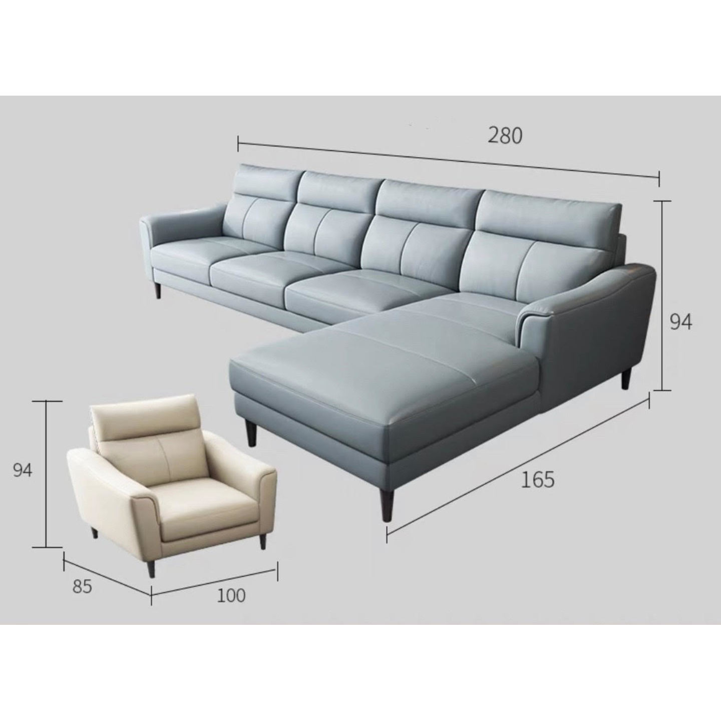 Nappa Premium Italian Sofa Contact Leather - Three + Concubine Seat + Single Seater