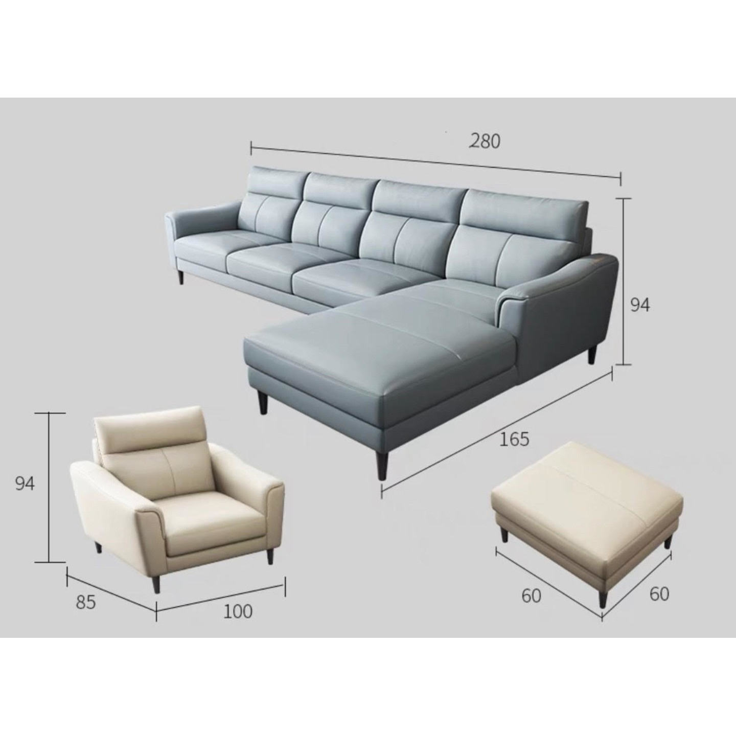 Nappa Premium Italian Sofa Contact Leather - Three + Concubine Seat + Single Seater + Leg Rest