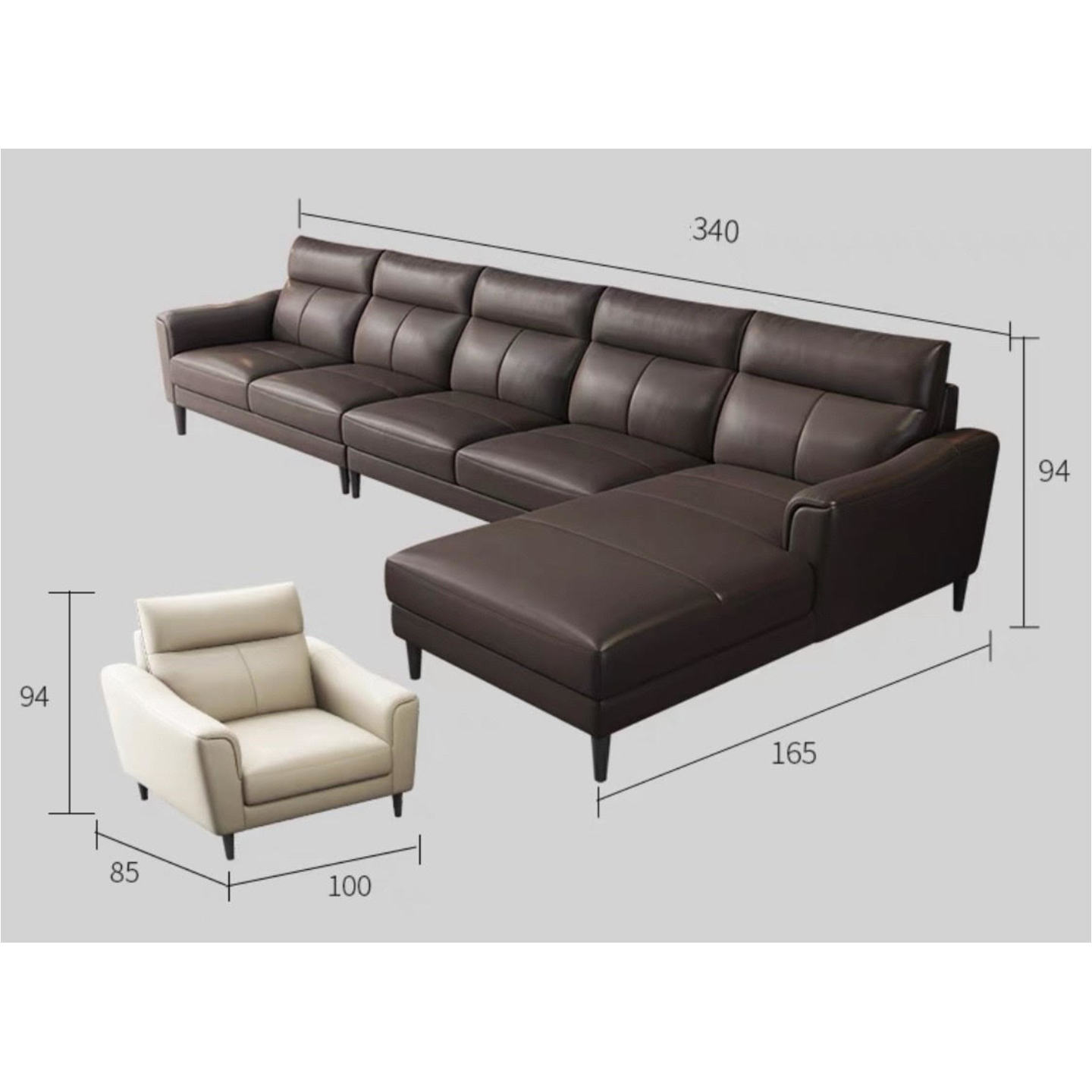 Nappa Premium Italian Sofa Contact Leather - Four + Concubine Seat + Single Seater