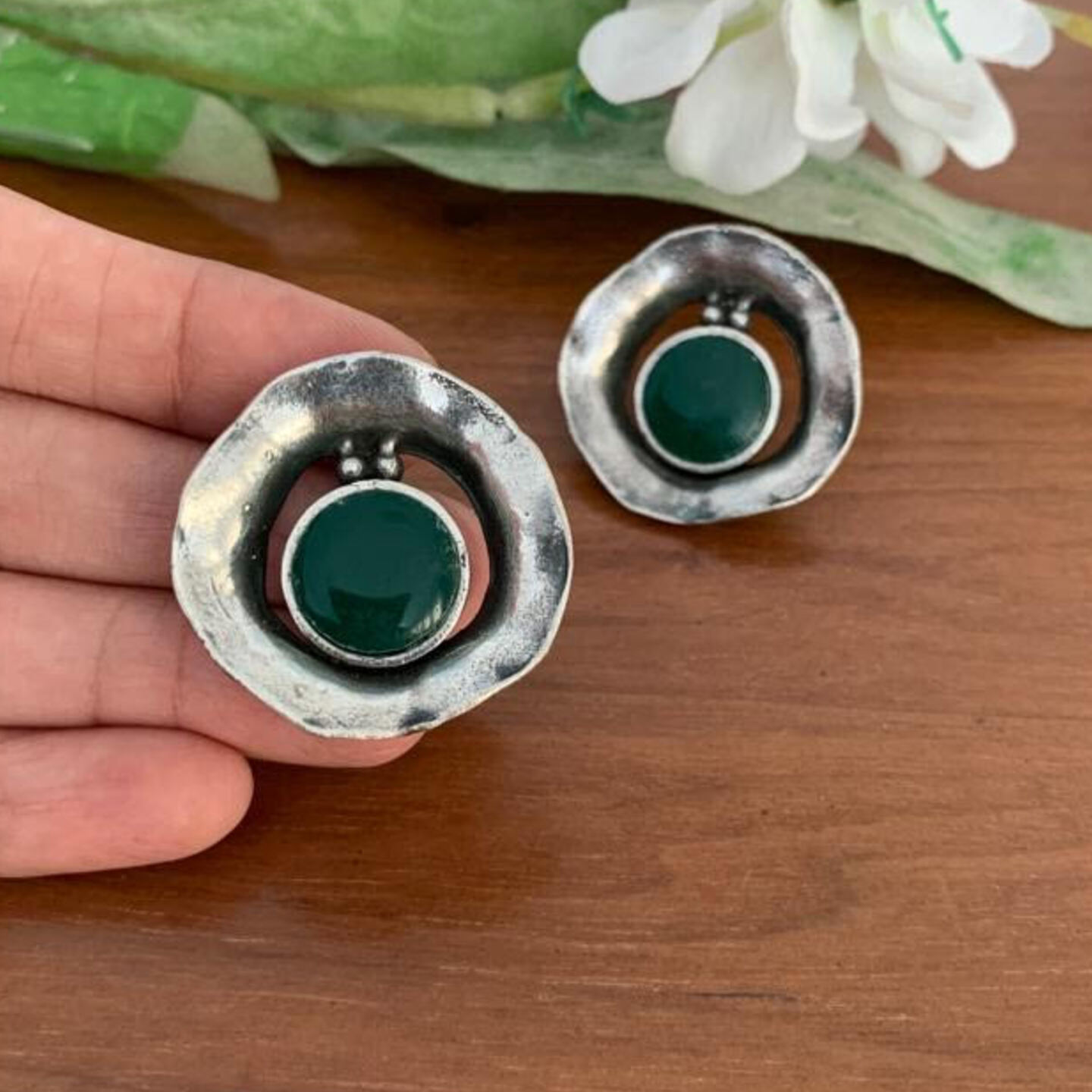 Ramika Oxidised Hammered Green Earrings