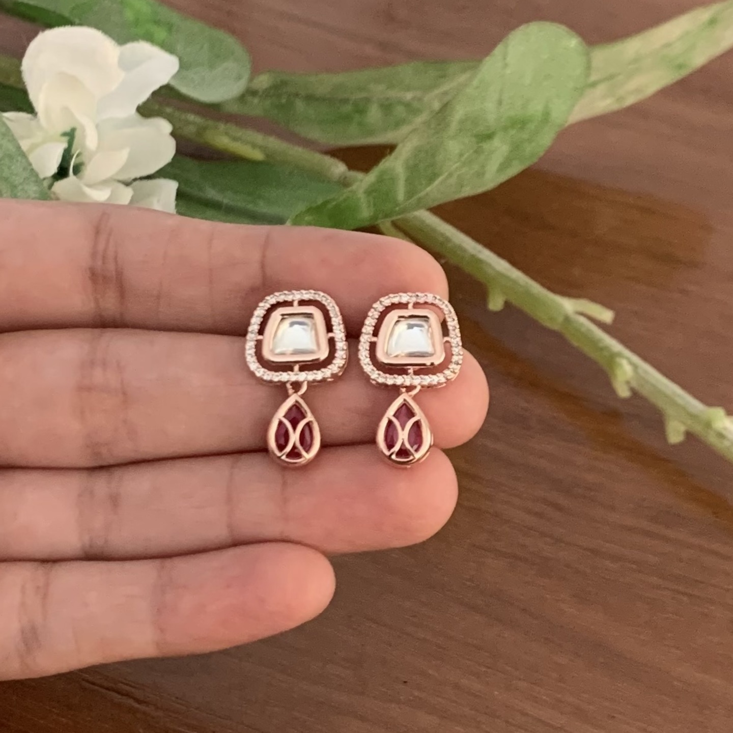 Boond Polki CZ Earring - Ruby, Rose Gold
