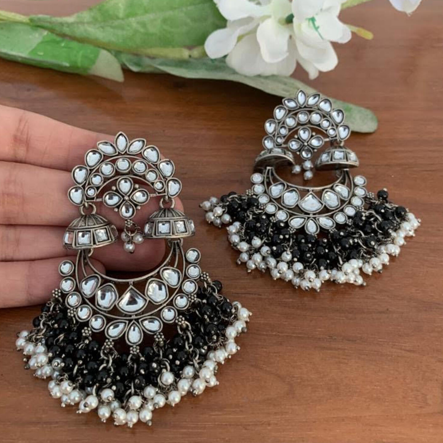 Nisha Oxidised Polki Black Bead Earrings