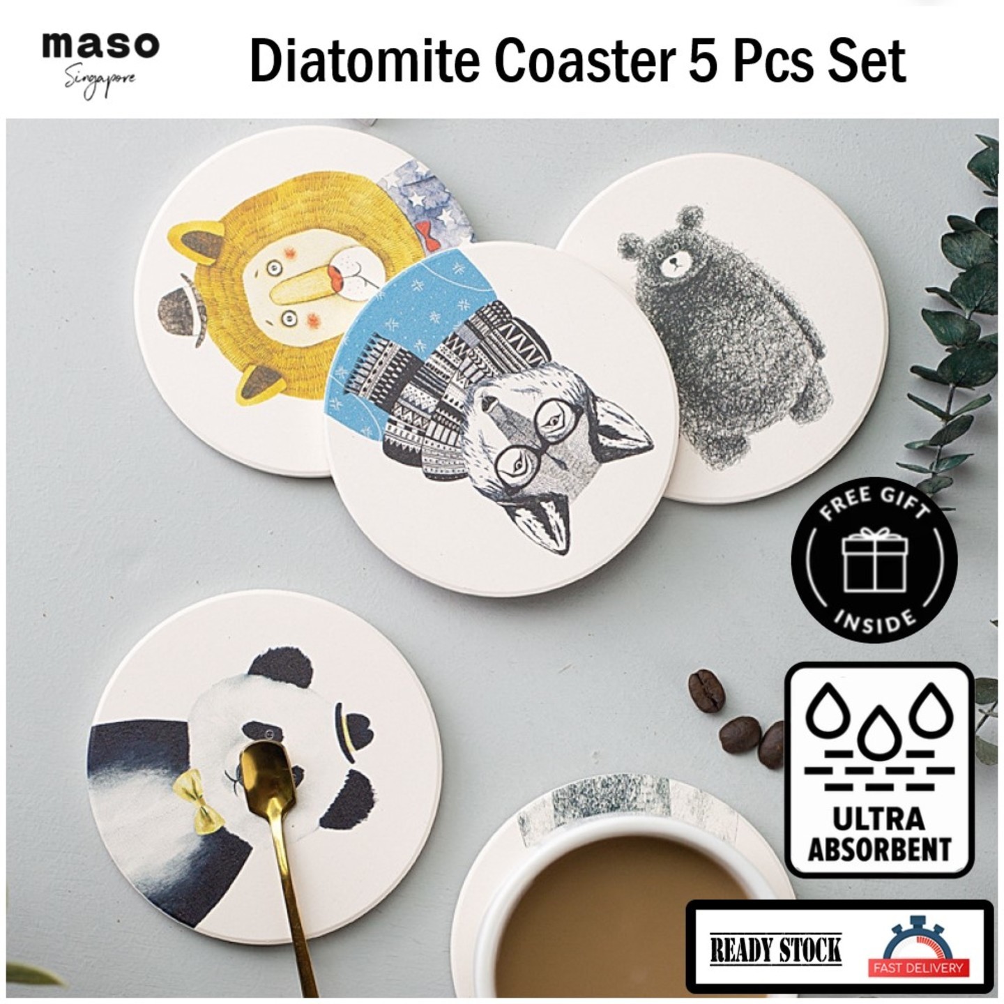 Animal Portrait Diatomite Round Coasters Set