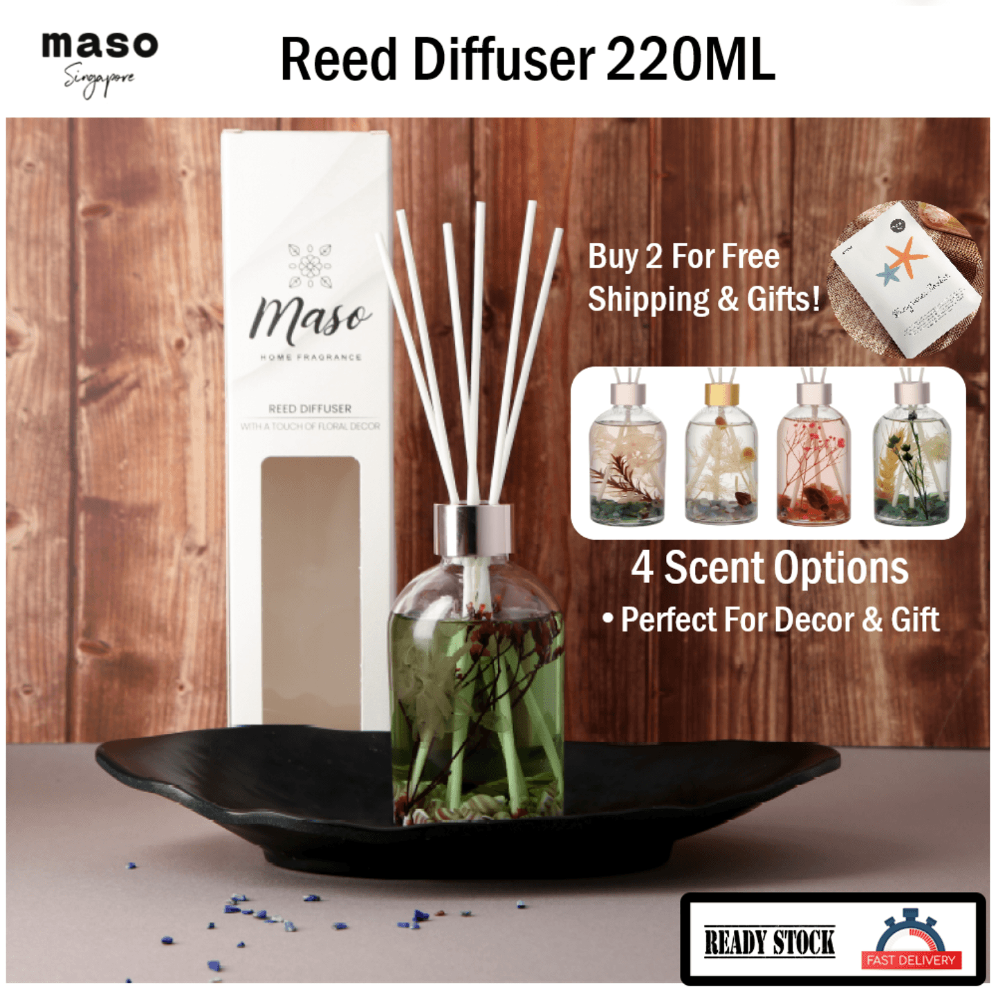 Aroma Reed Diffuser 220ml - Bottled with Real Flower and Elegant Design