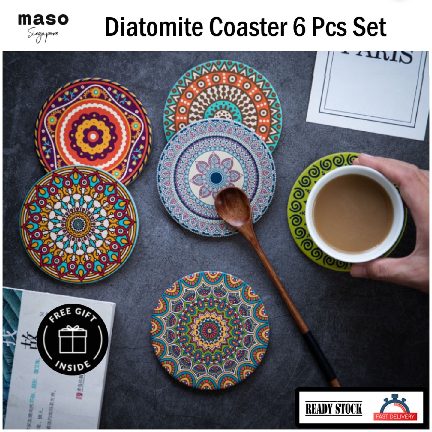 Mandala Style Diatomite Round Coasters Set