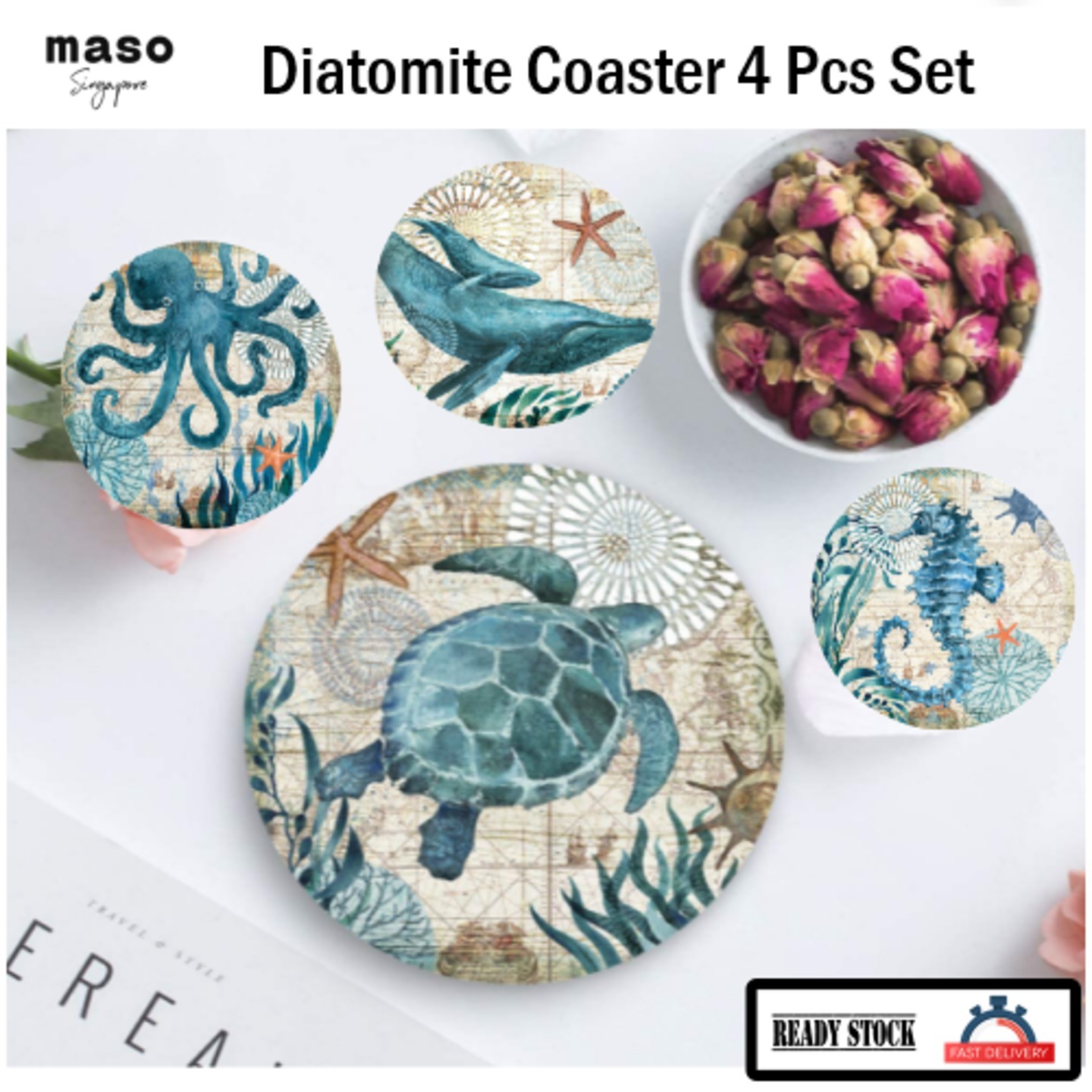 Ocean Animal Print Diatomite Round Coasters Set