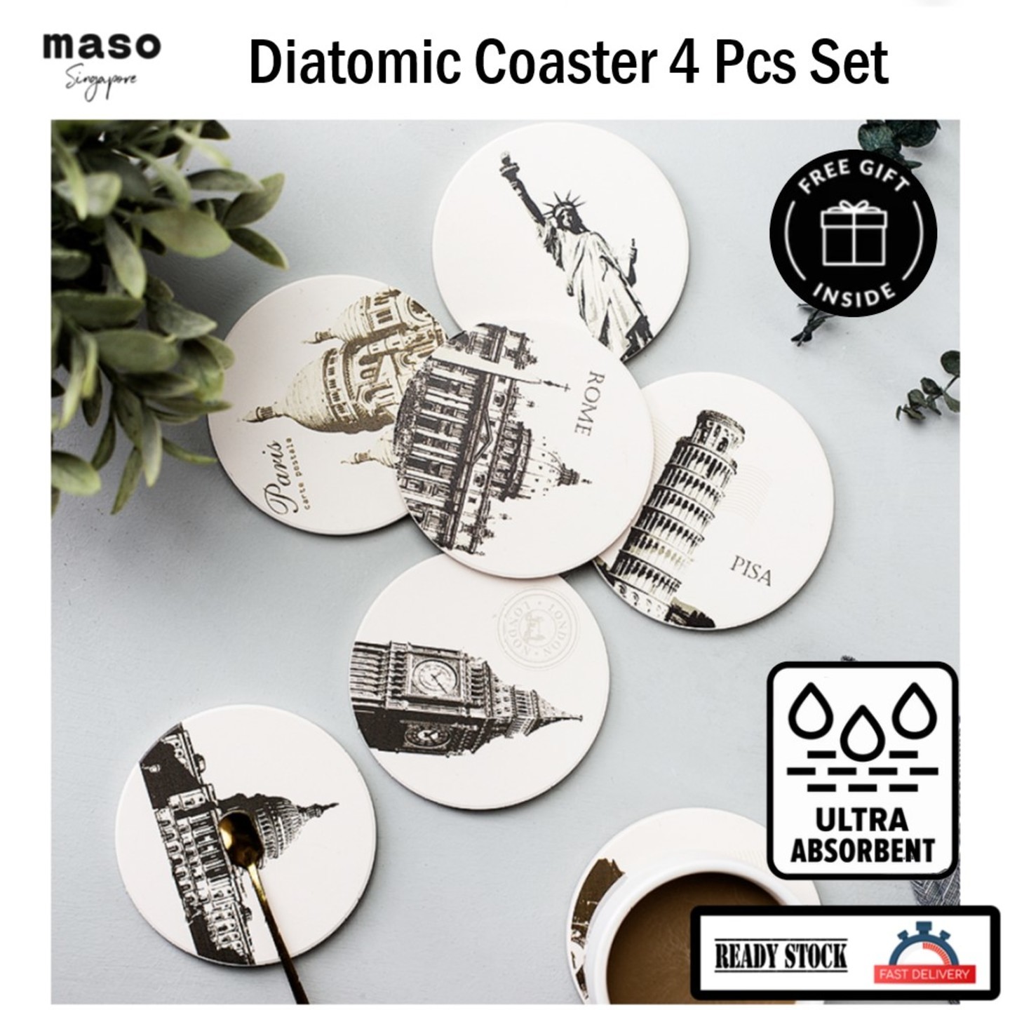 Famous Building Diatomite Round Coasters Set - Fast Absorption, Non Slip Cork Base, High Heat Resistant 4 Coasters Set