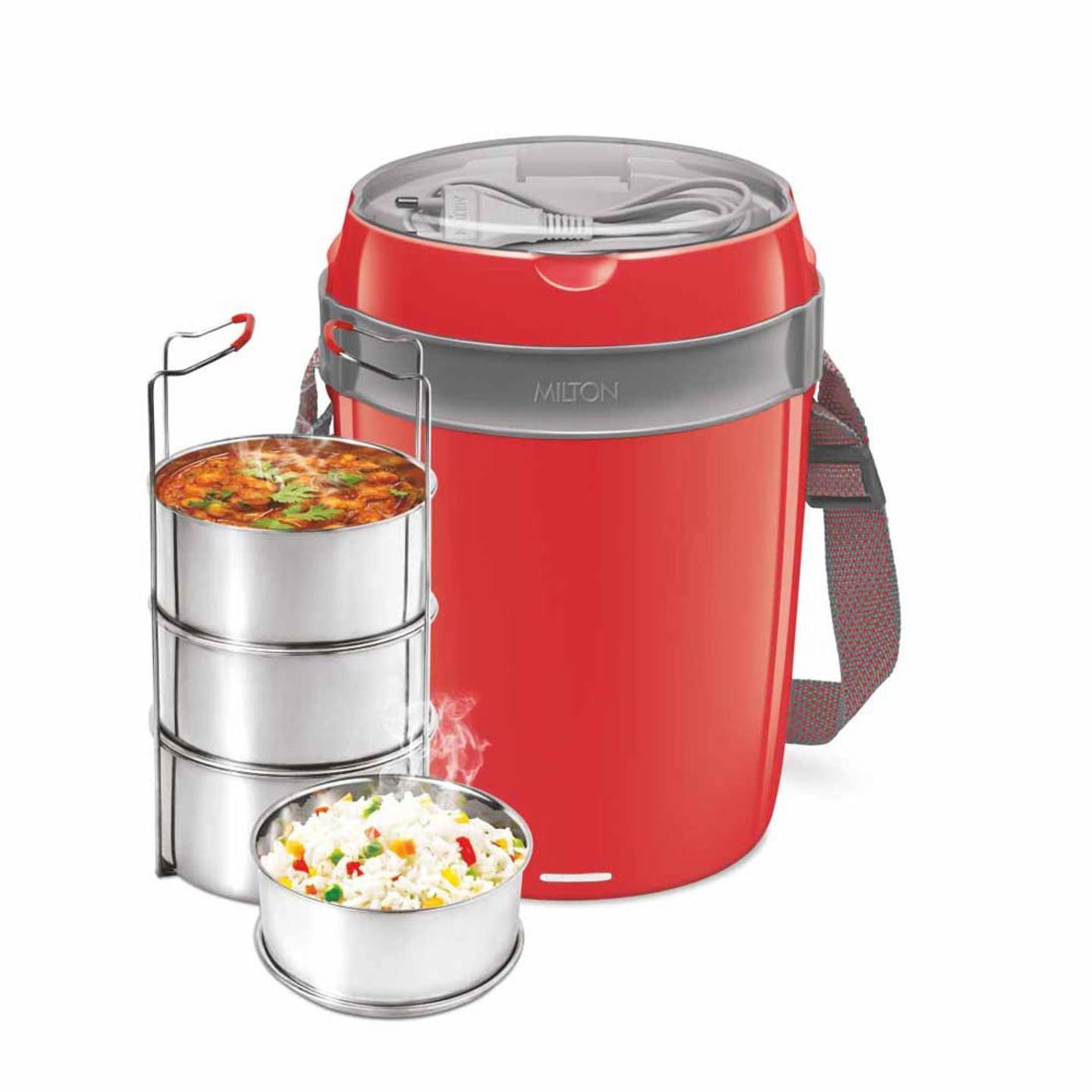 Milton Futron Stainless Steel Electric Lunch Box, 4 Containers, Red