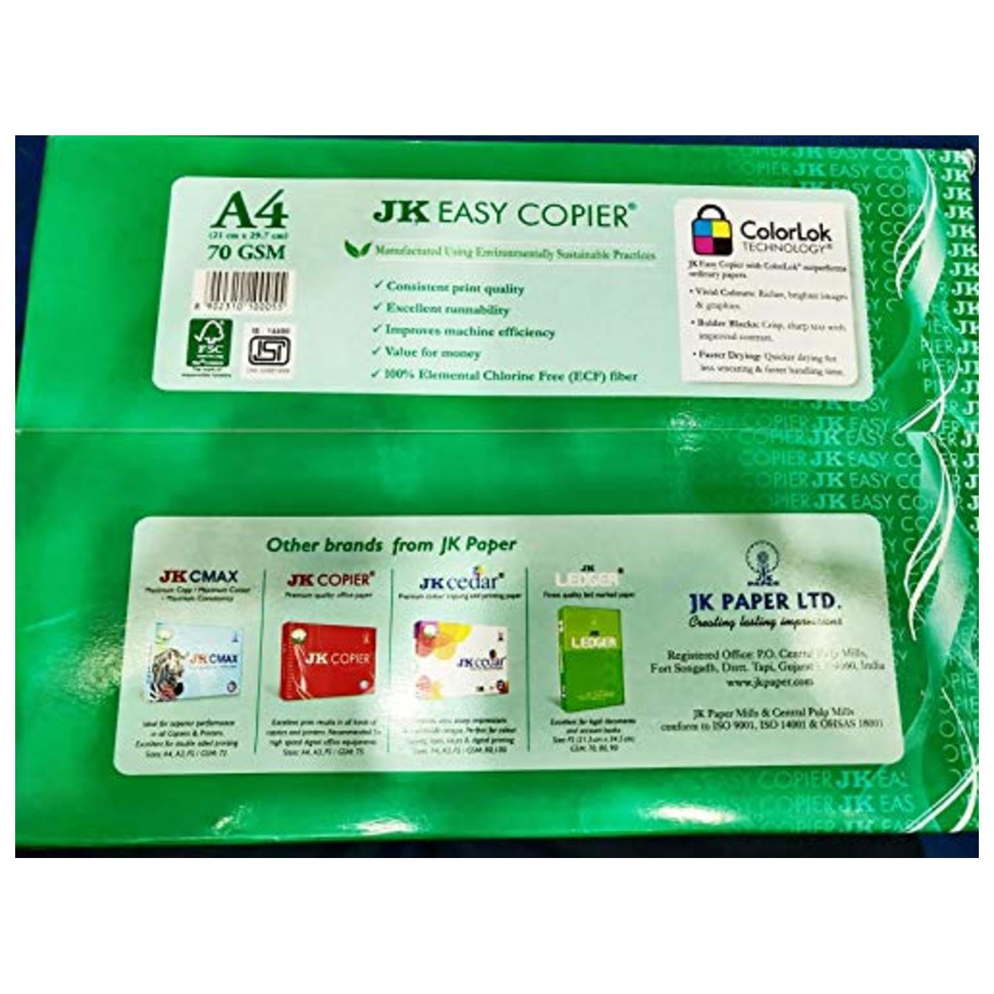 JK Easy Copier Paper  A4 Size  70 GSM  500 Sheets  White Paper, 1 Ream  For Laserjet & Inkjet Printer  Fast Drying  Both Side Print  Eco Friendly  ColorLok Pack of 1