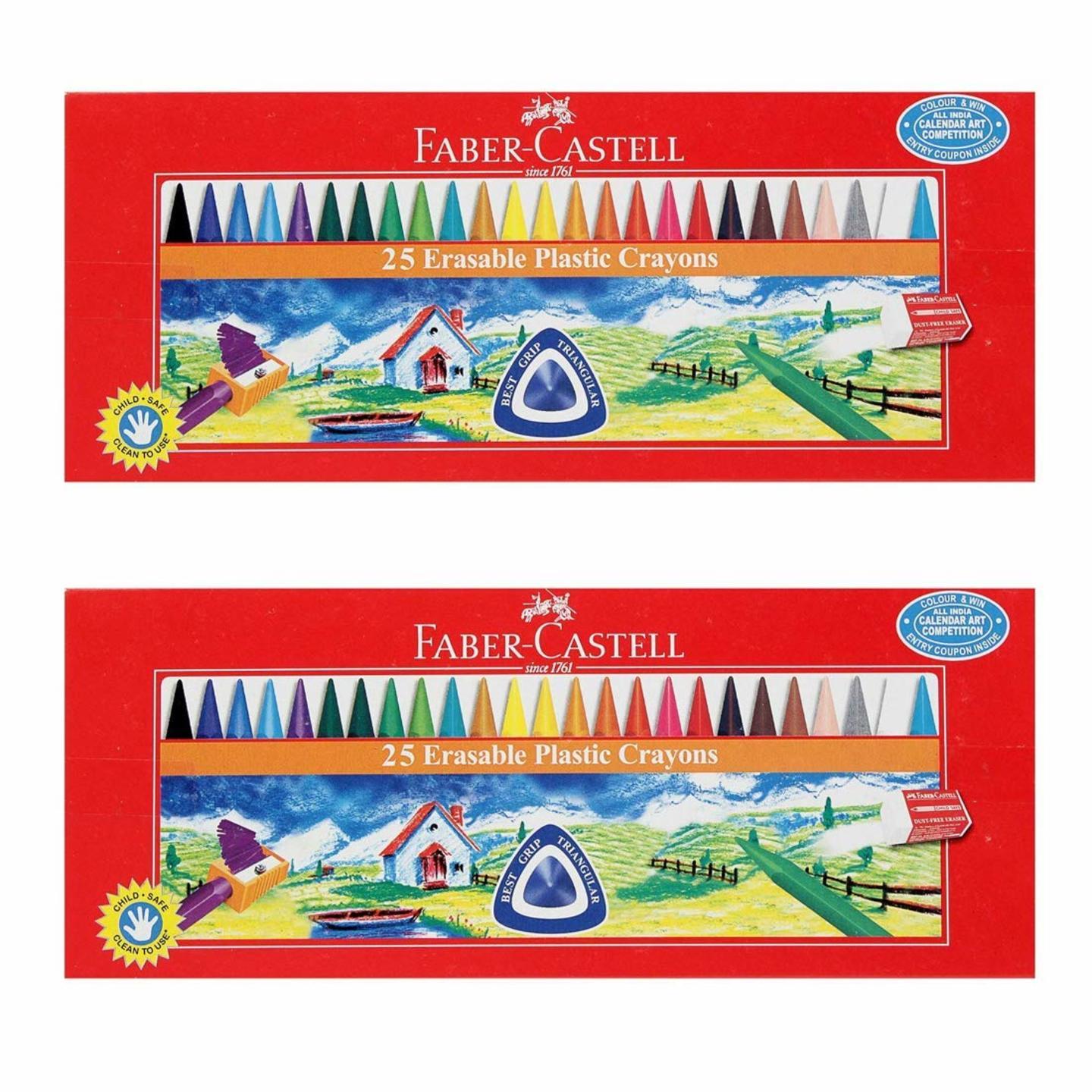 Faber Castell Erasable Plastic Crayons Length 110mm - 25 Pieces - Assorted Pack of 2