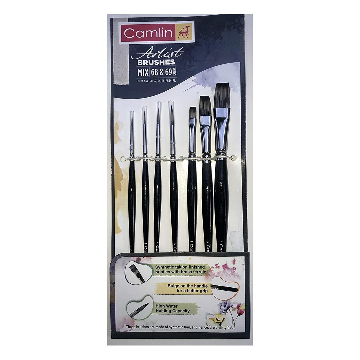 Camlin Kokuyo Artist Paint Brush Mix Series 68 & Series 69 - Round & Flat Synthetic taklon, Set of 7 by Anmol Art & Frames