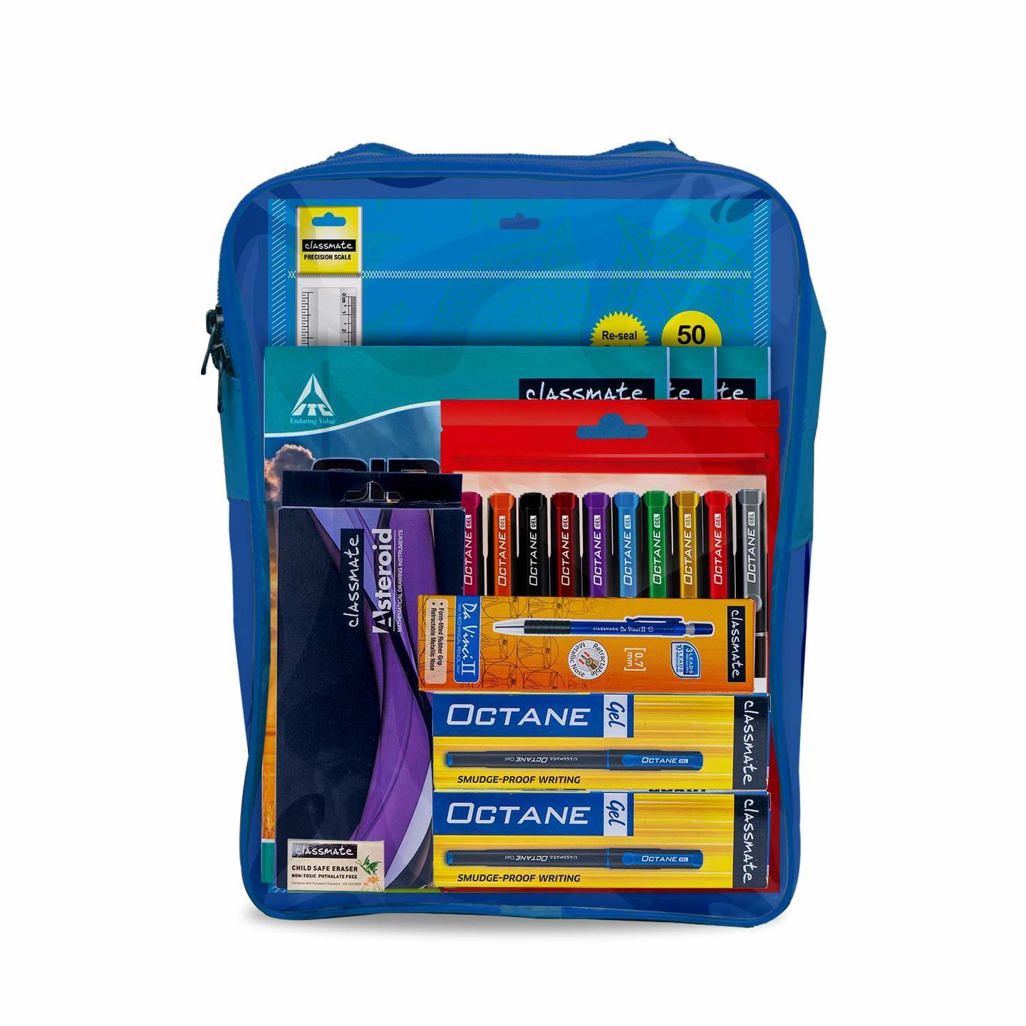 Classmate Scholastic Bag Kit  12 Assorted Items  Online Classes Gifting Kit  A4 Sheets  Notebooks  Asteroid Geometry Box  Octane Colour Burst Gel pens  Octane Gel Pens