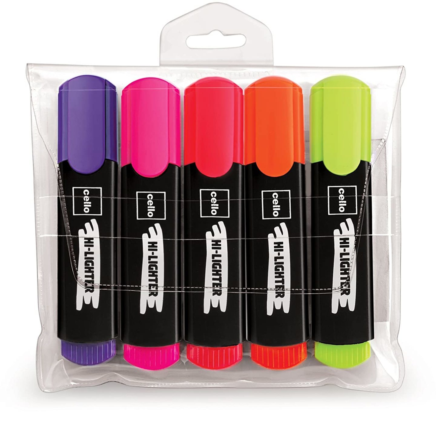 Cello Hi-lighter Pack of 5, Vivid Colors - Yellow, Pink, Peach, Orange and Purple  Easily Applicable Highlighters  School & Office Stationery