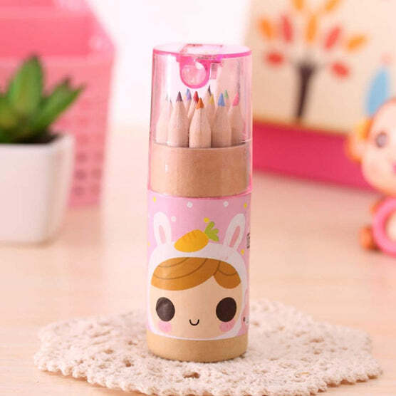  12 COLOURING PENCILS KIDS SET, PENCILS SHARPENER, MINI DRAWING COLORED PENCILS WITH SHARPENER, KAWAII MANUAL PENCIL CUTTER, COLORING PENCIL ACCESSORY SCHOOL SUPPLIES FOR KID ARTISTS WRITING SKETCHING