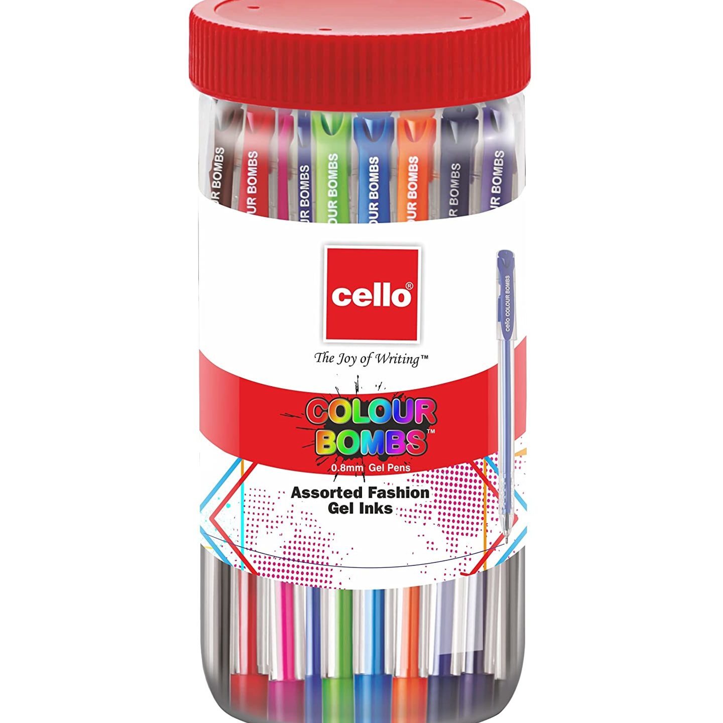 Cello Colour Bombs Jar-Pack of 25  Assorted coloured ink Gel pens  10 vivid ink colours  Ideal for art, project work, journal work, presentations