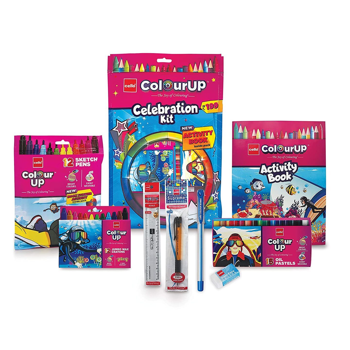 Cello ColourUP Celebration Kit - Mega Gift Pack  15 Oil Pastels  Sketch Pens  12 Jumbo Wax Crayons  8 Assorted Items  Free Activity Book  Hobby Stationery for Kids  Best for Gifting