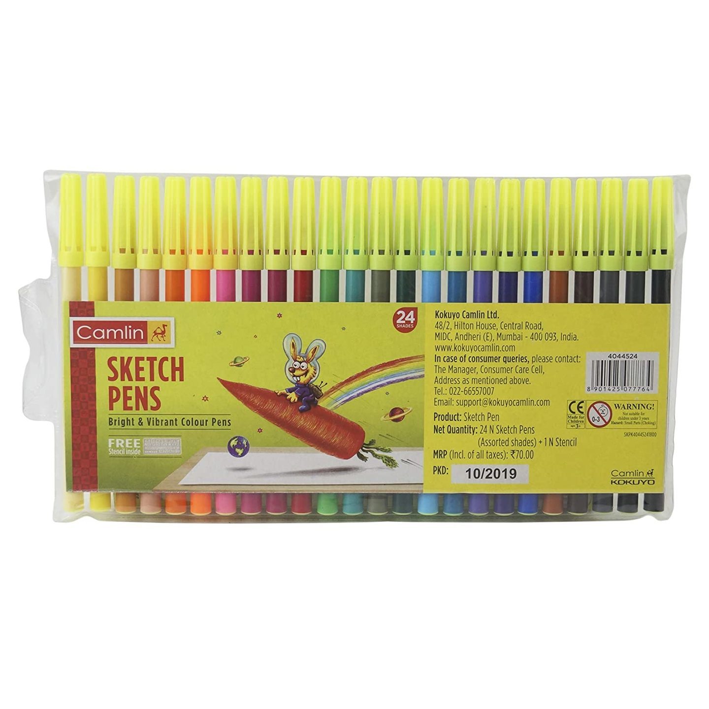 Camlin Sketch Pens with Free Stencil - 24 Shades Multicolor