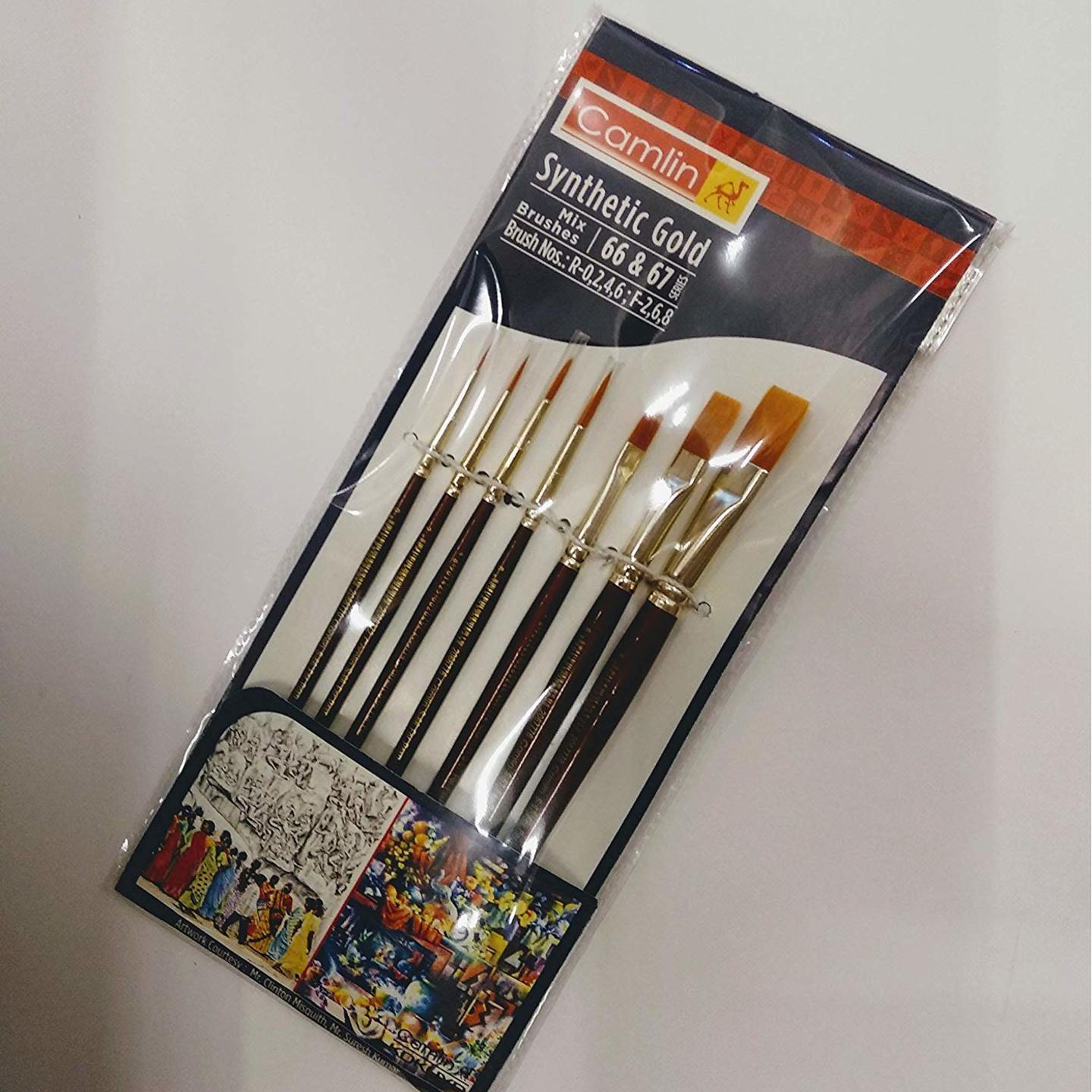 Camlin Kokuyo Paint Brush Series 67 &Series 66- Round&Flat Synthetic Gold, Set of 7 by Anmol Art & Frames