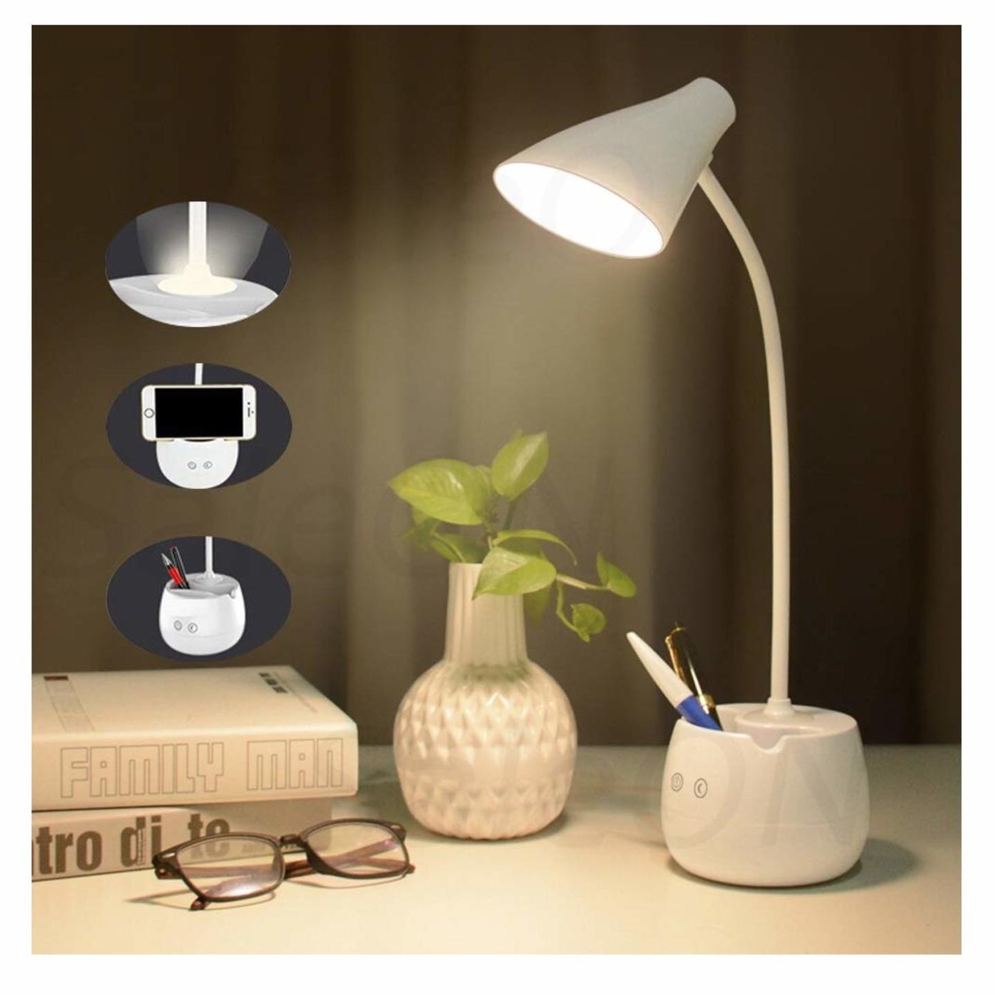 Rechargeable led Touch On Off Switch Desk Table Lamp with Mobile Holder Touch Switch 3 Modes LED Lights Stundent Eye Protection White